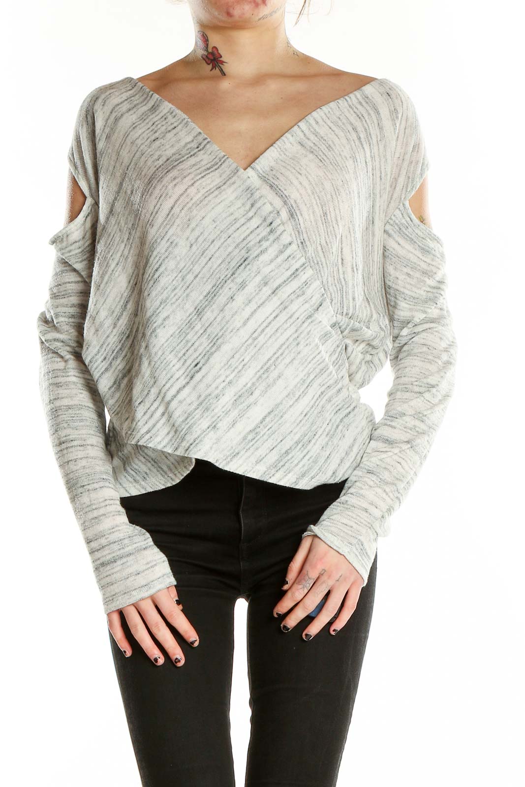 Gray Long Sleeve Cold Shoulder Wrap Top Front