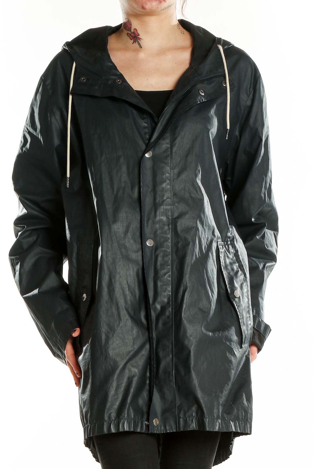 Grey Black Mid Length Windbreaker Jacket Front