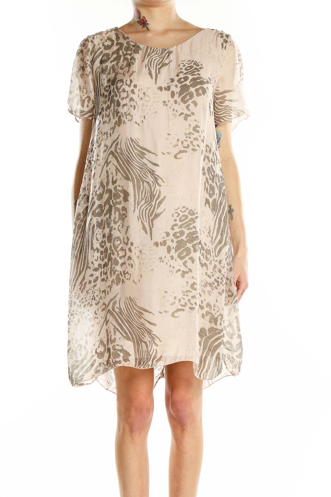 Beige Animal Print Silk Blend Shift Dress Front