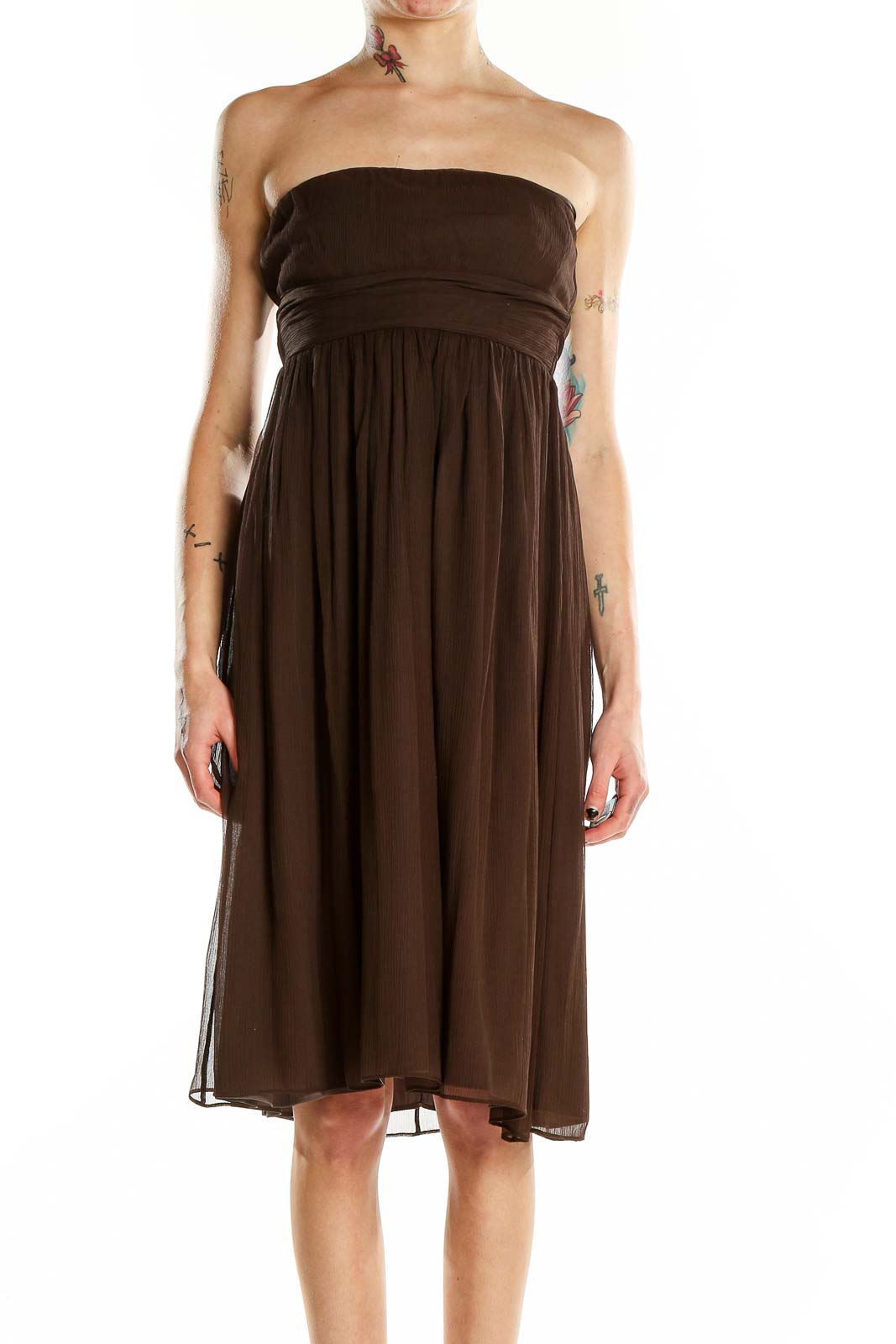 Brown Silk Strapless Dress Front