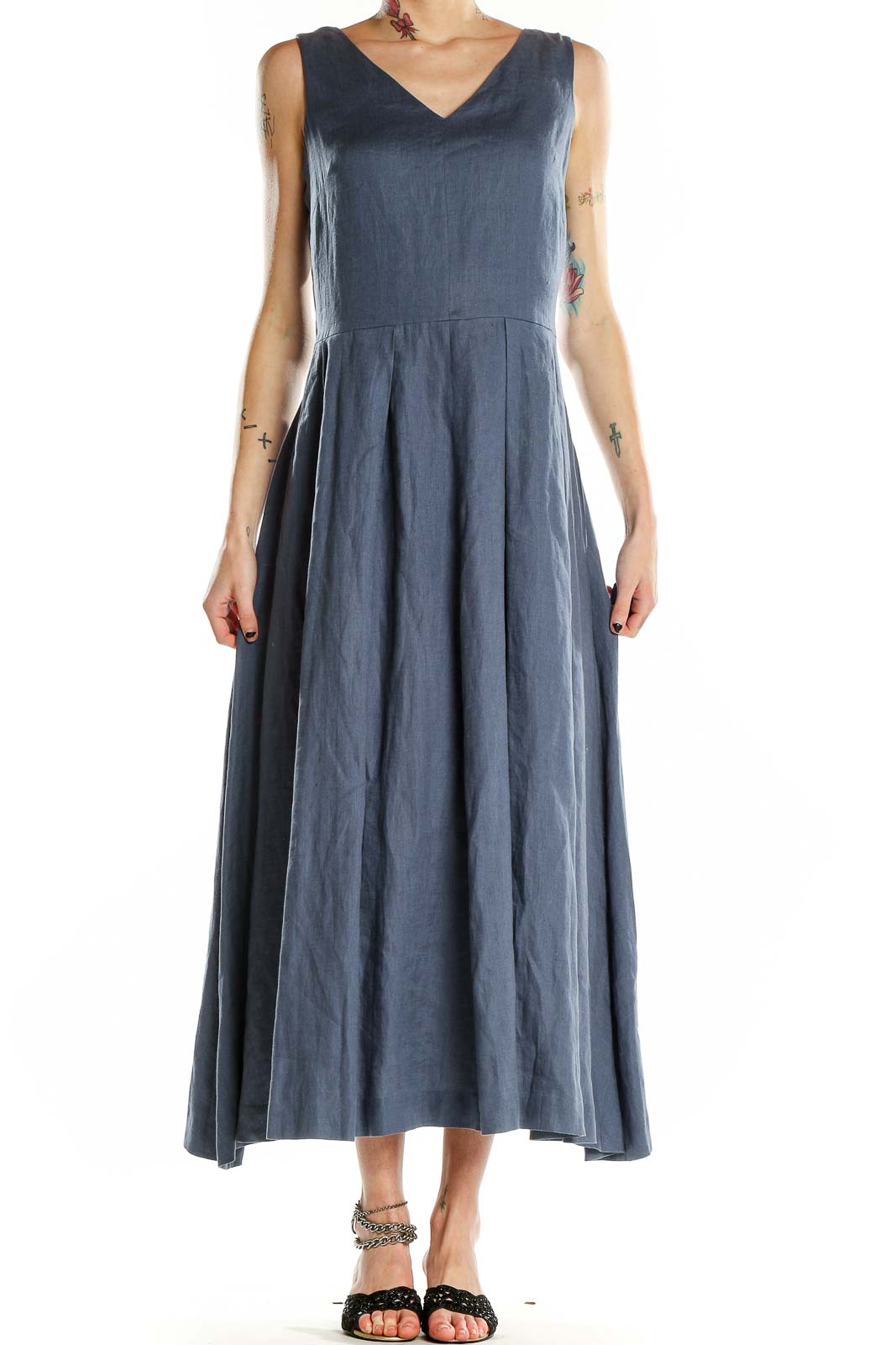 Blue Sleeveless Linen Maxi Dress Front