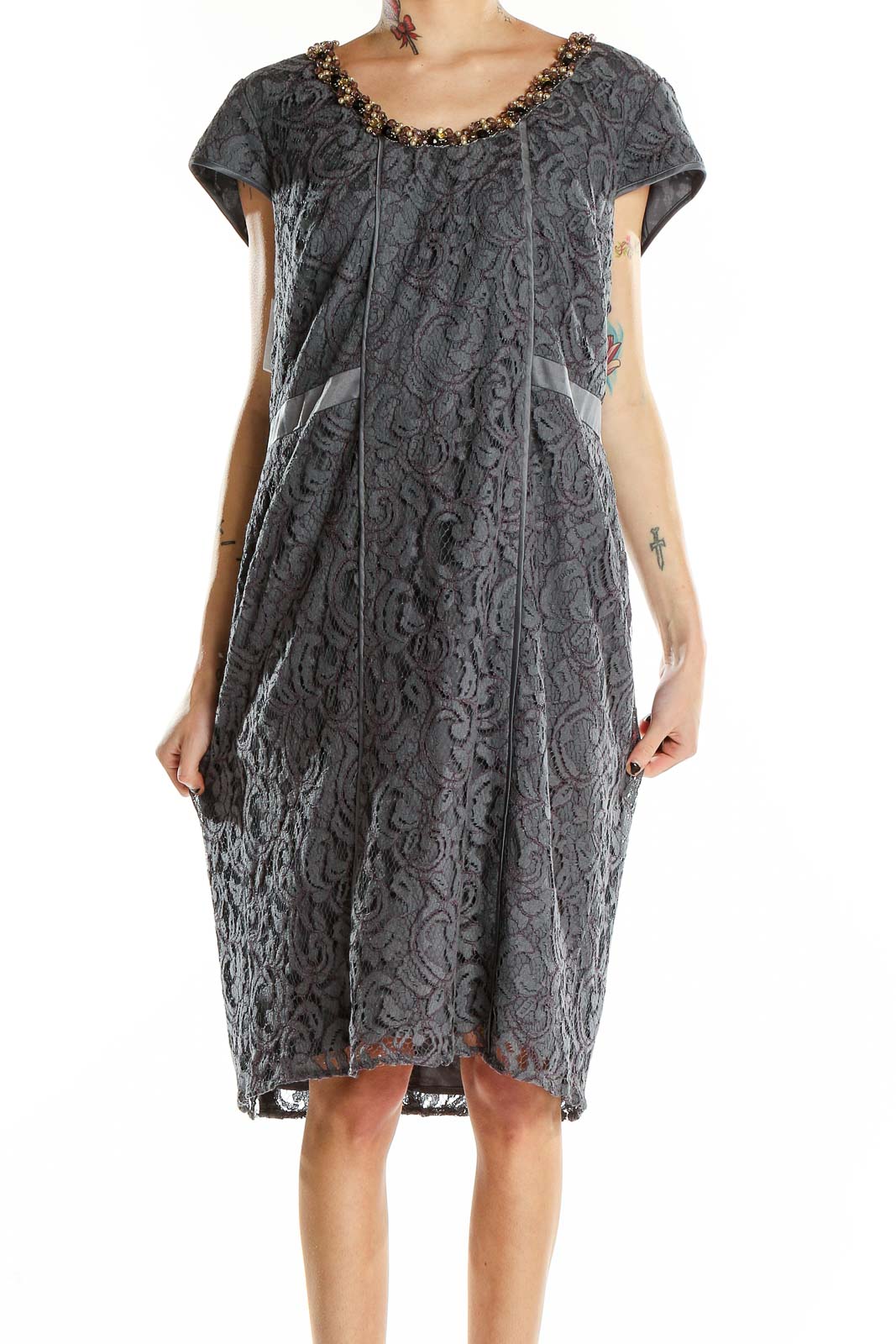 Grey Lace Shorts Sleeve Dress Front