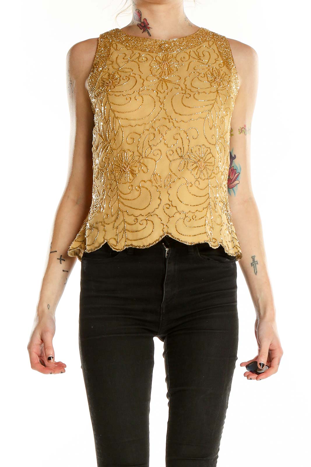 Brown Sleeveless Beaded Top Front