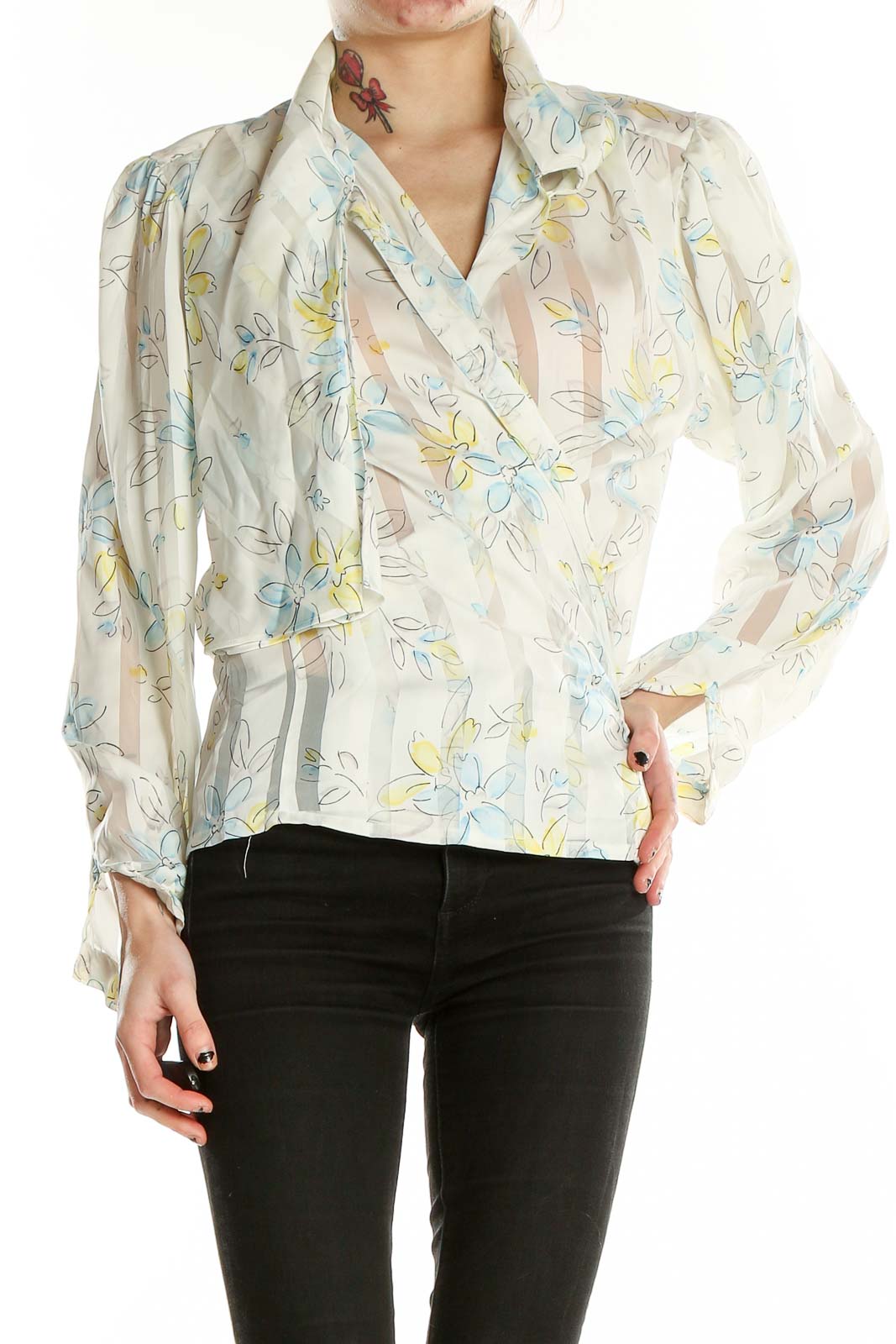 Cream Floral Sheer Wrap Blouse Front