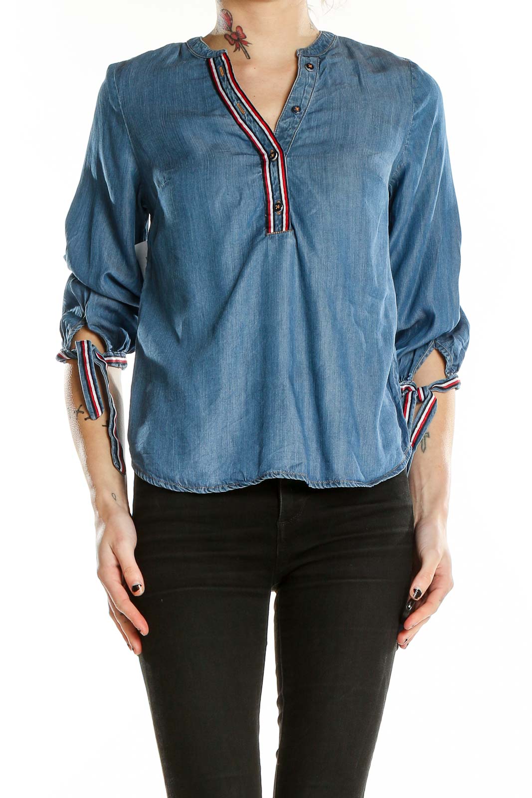 Blue 3-4th Sleeve Blouses Top Front