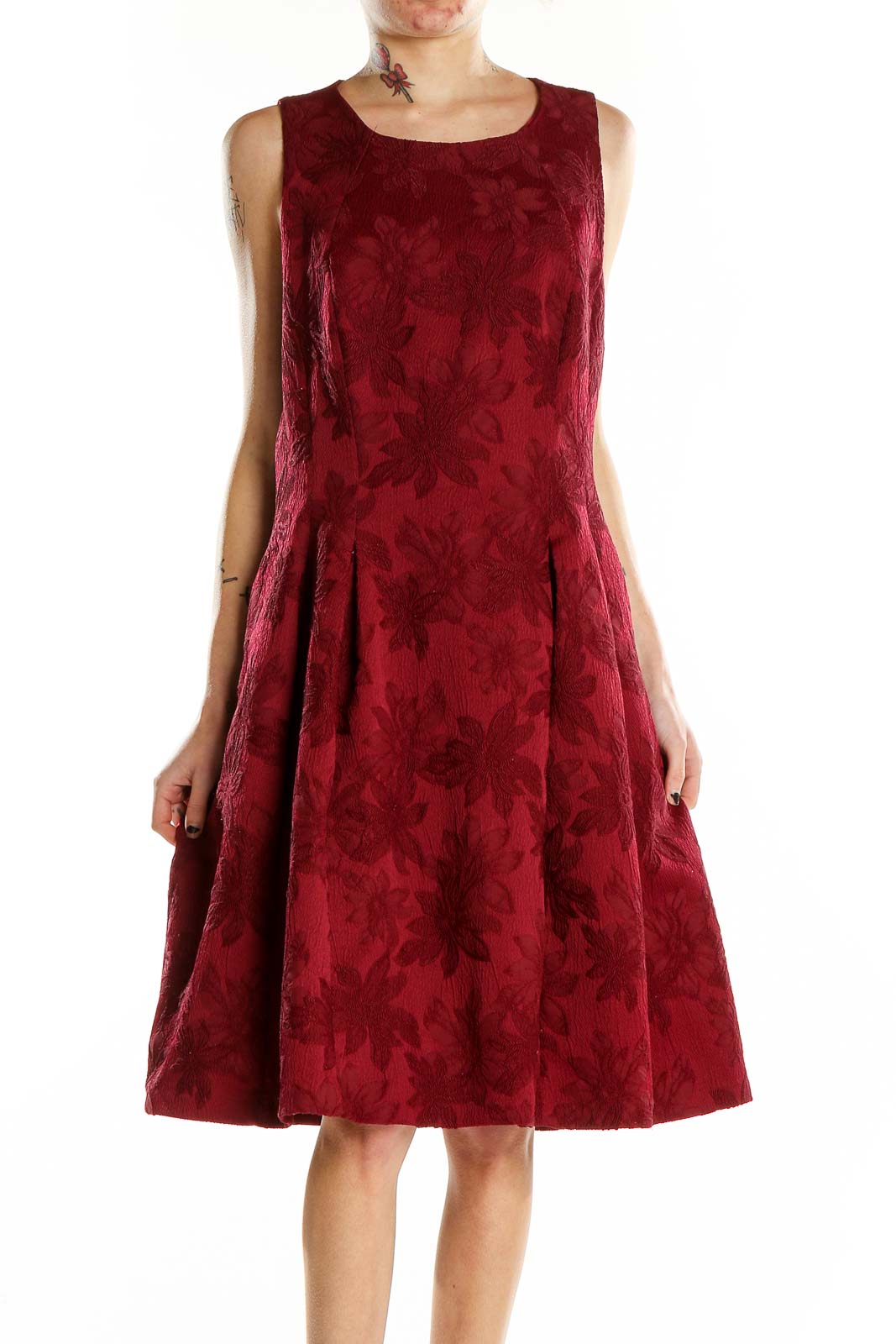 Red Flare Floral Print Dress Front