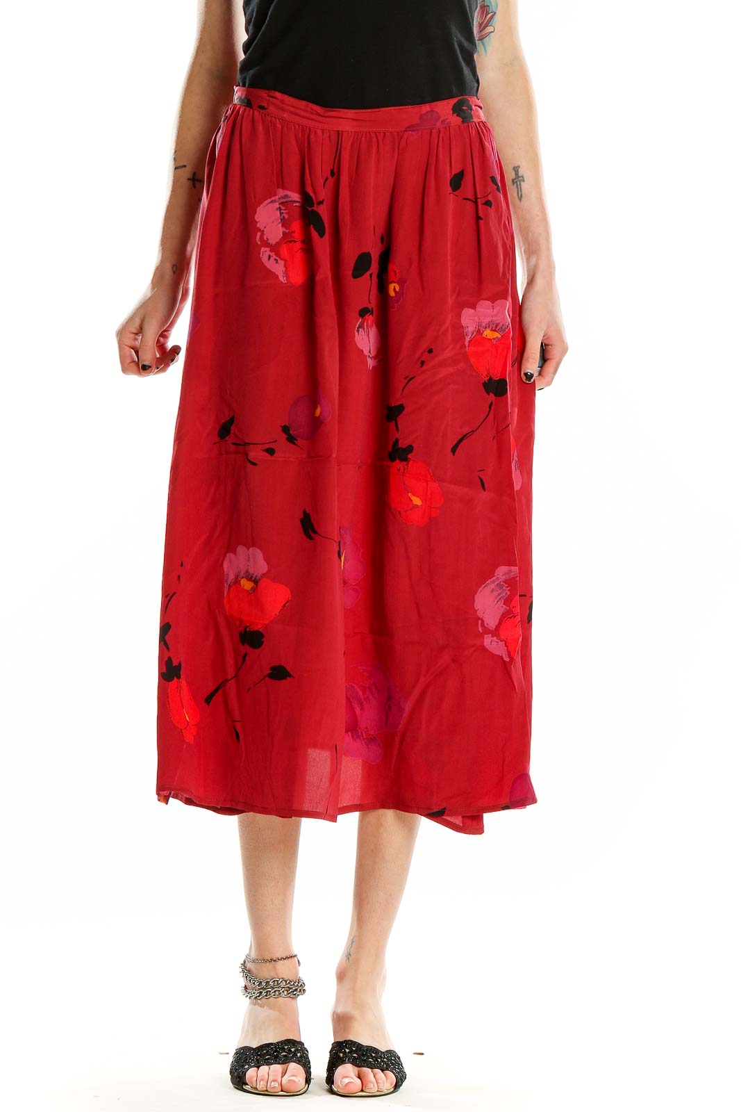 Red Floral Print Silk Midi Skirt Front
