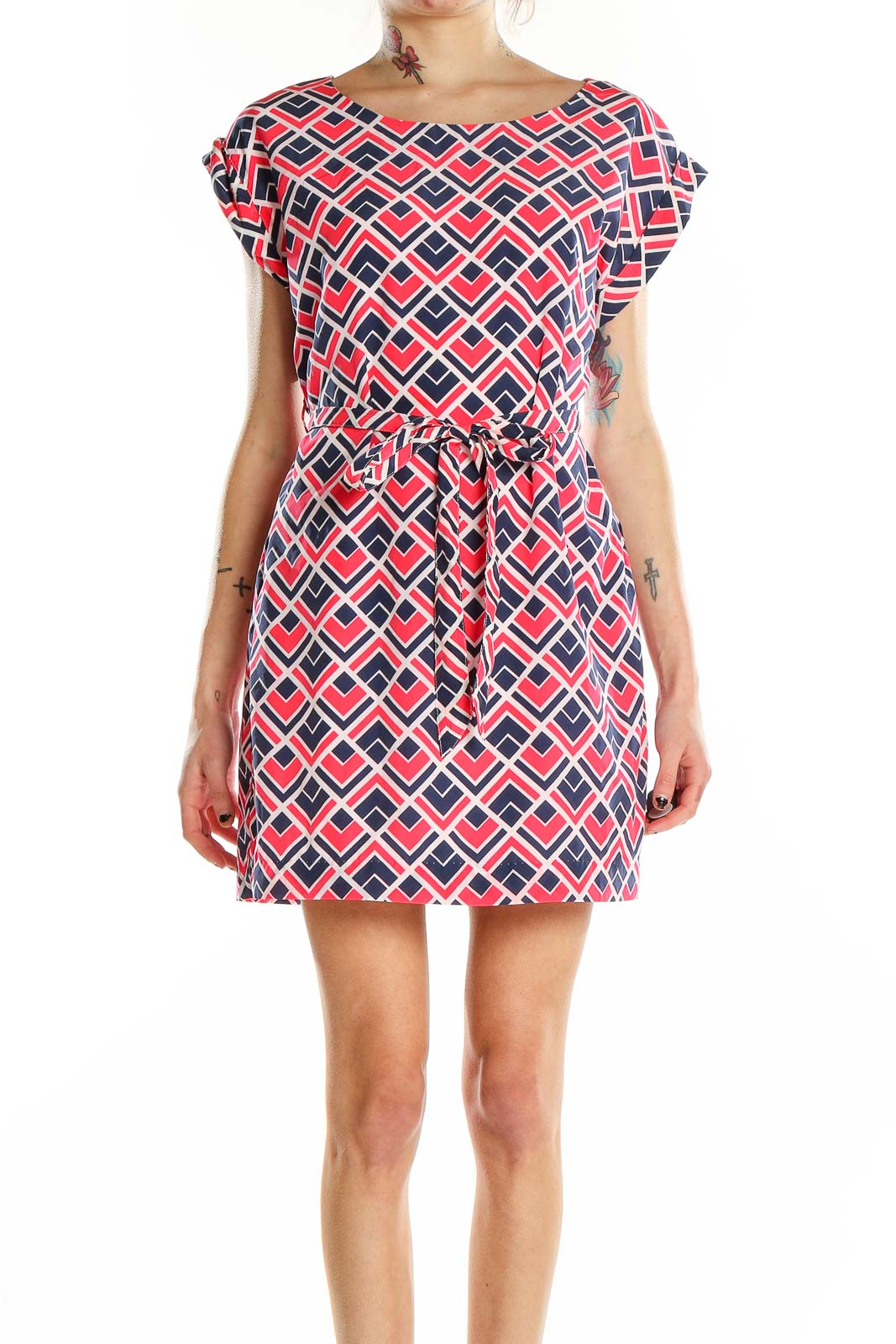 Pink Blue Waist Tie Geometric Print Dress Front