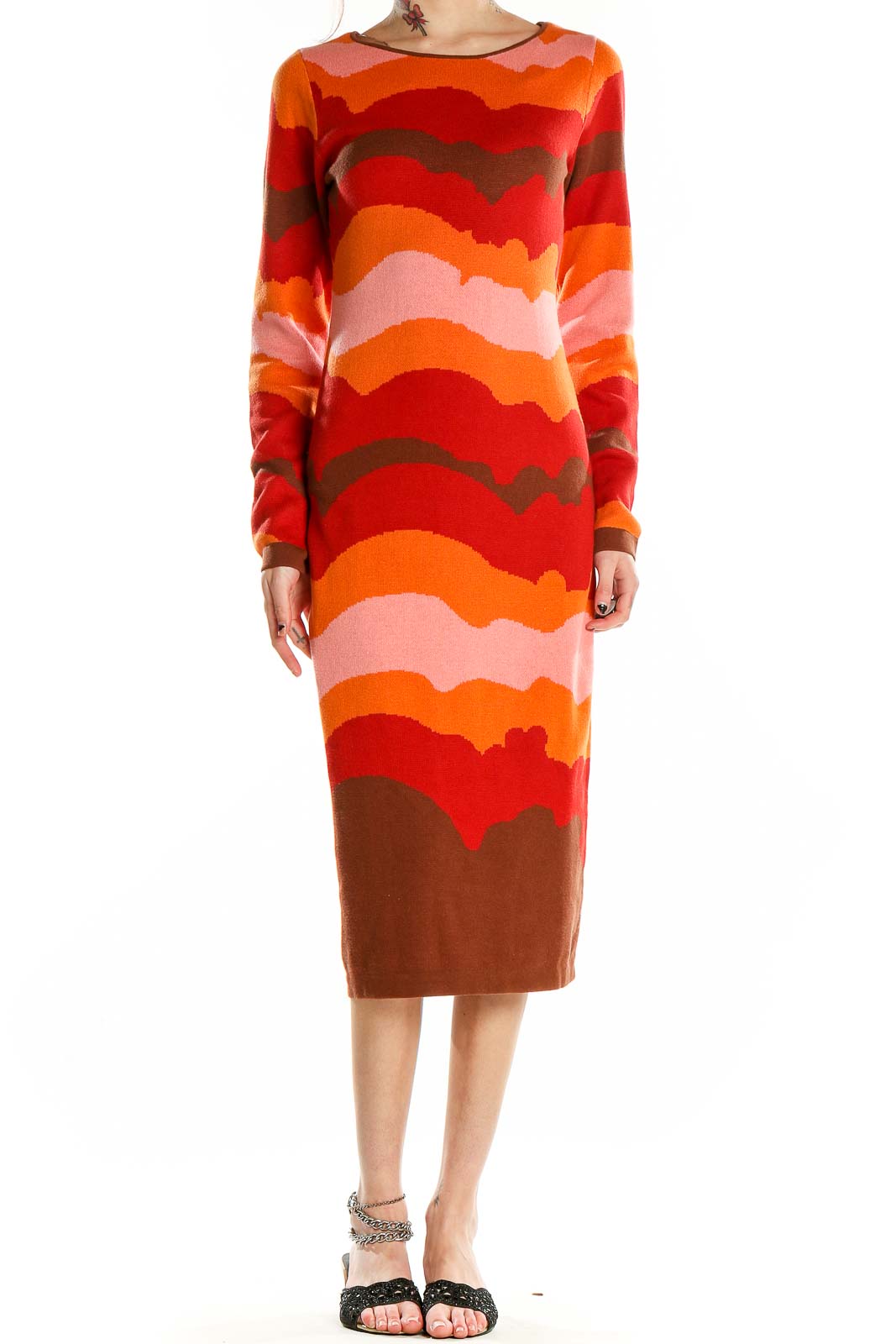 Red Orange Wavy Print Sweater Dress Front