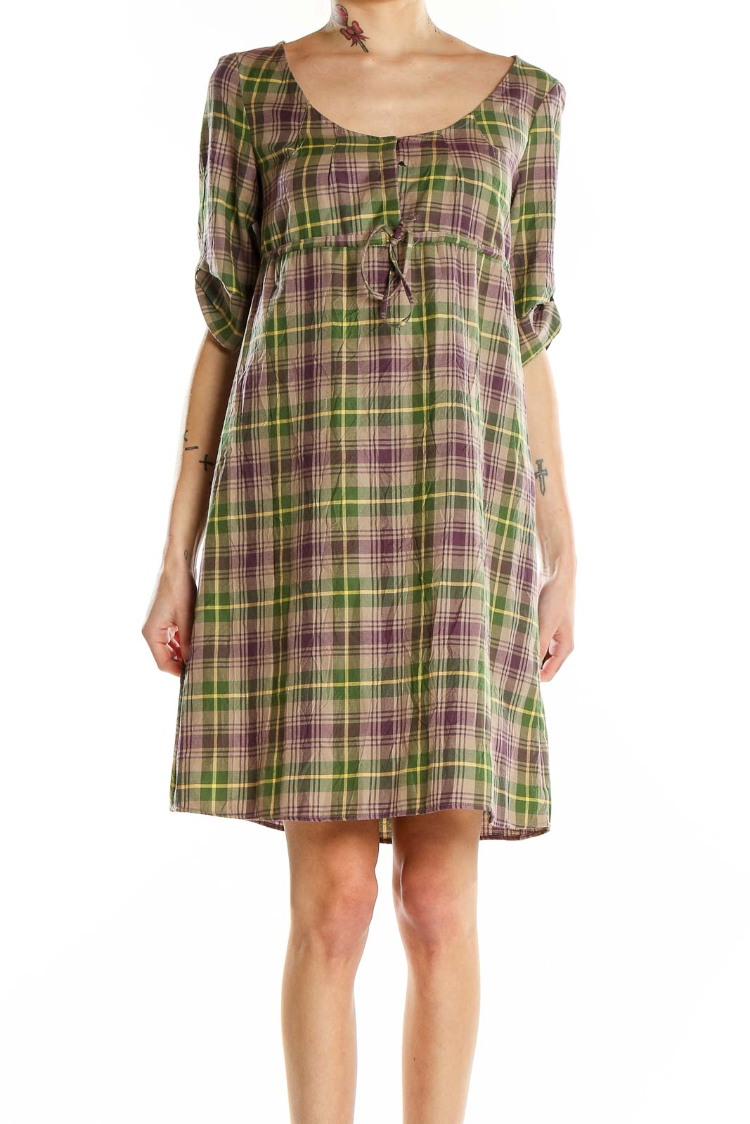 Green Purple Plaid Shorts Sleeve Casual Dress Front