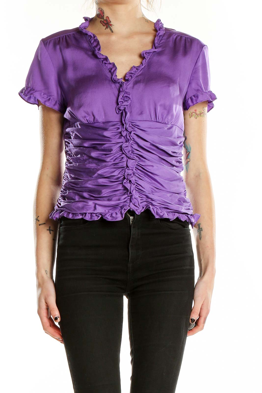 Purple Ruched Silk Blouse Front