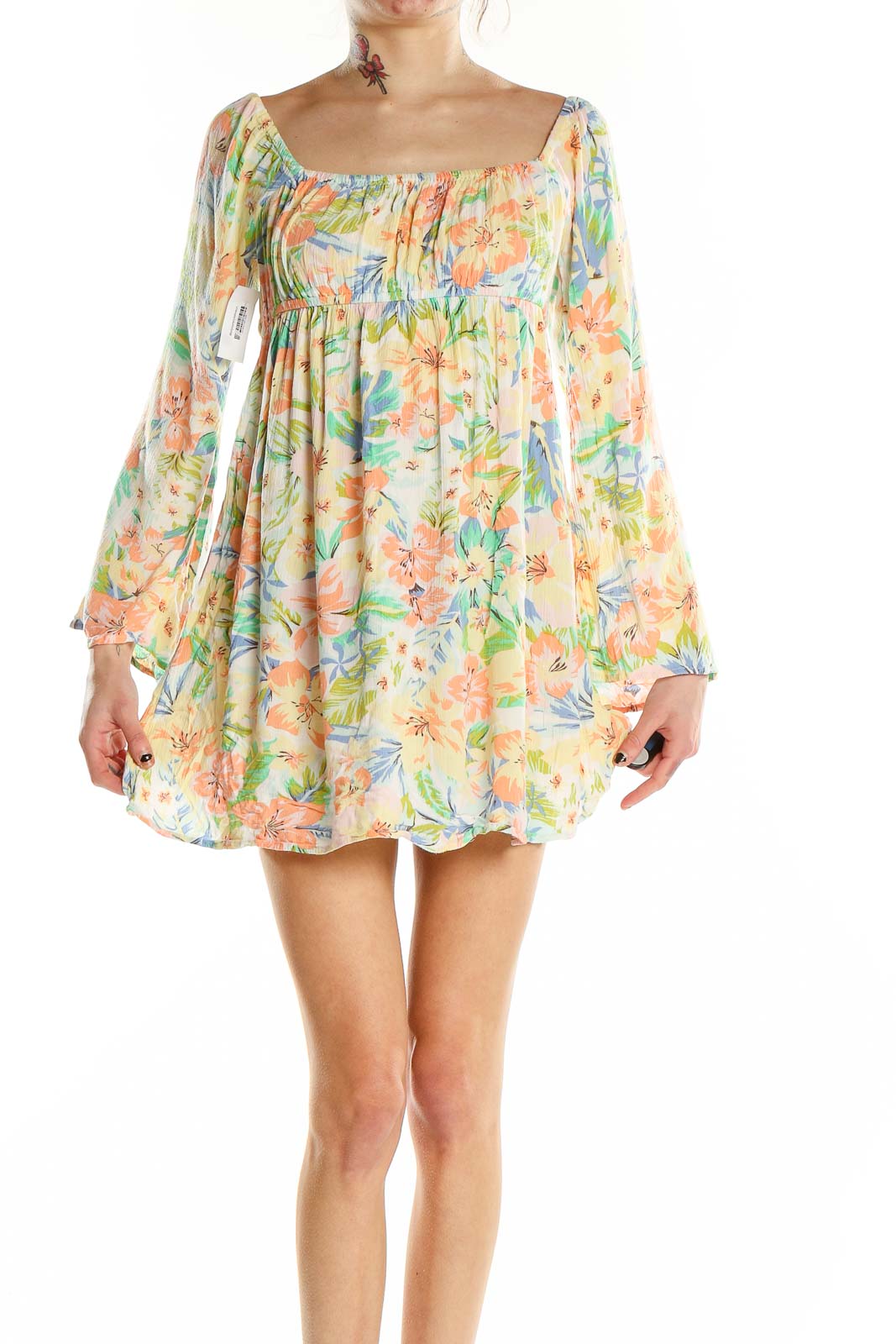 Multicolor Flare Tropical Print Dress Front