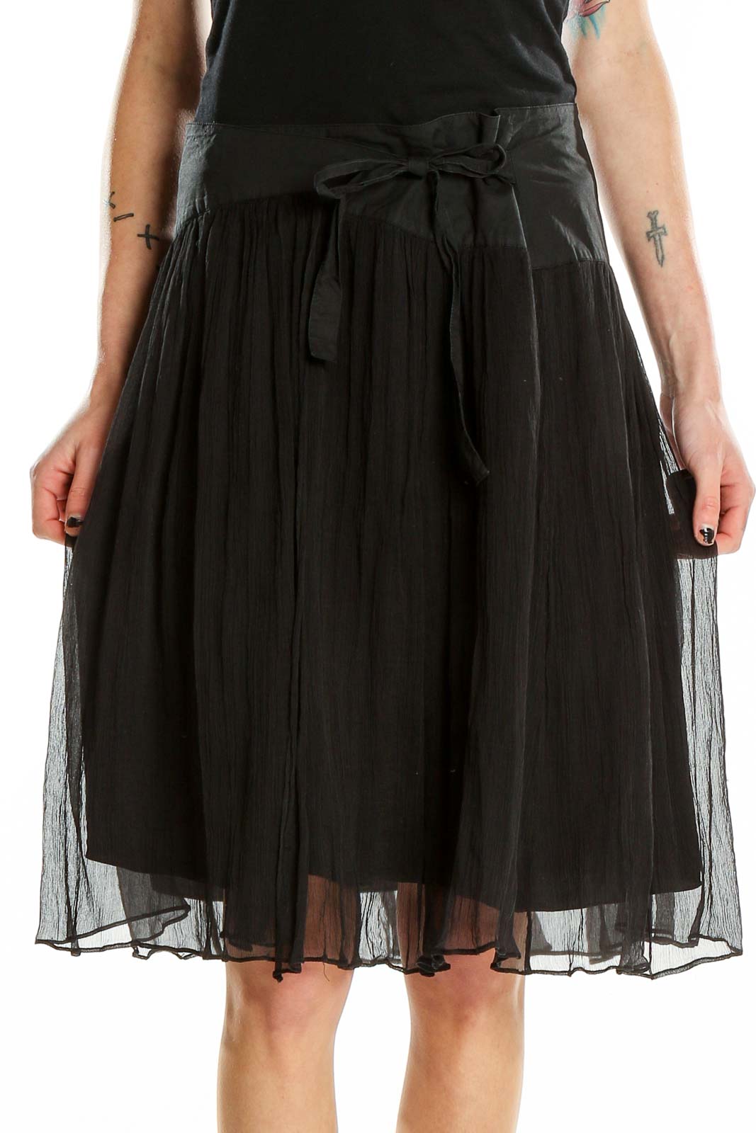 Black Silk Flared Skirt Front