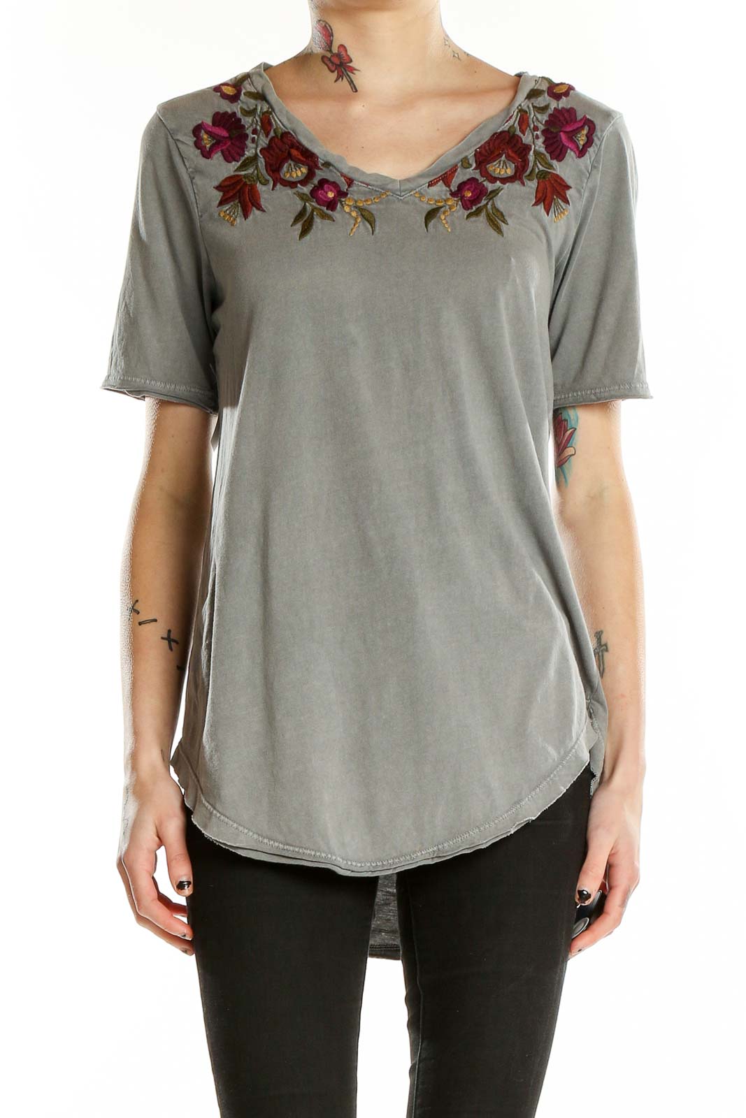 Grey Floral Embroidered T-Shirt Front