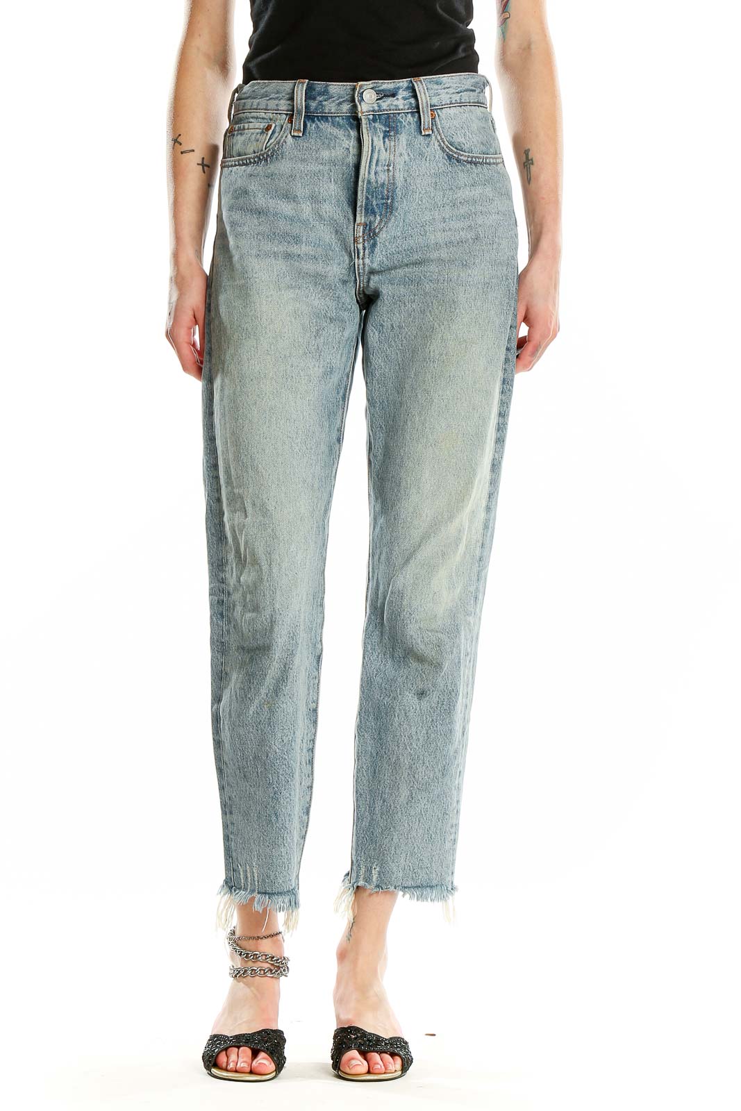 Grey Light Rinse Straight Leg Faded Jeans Front