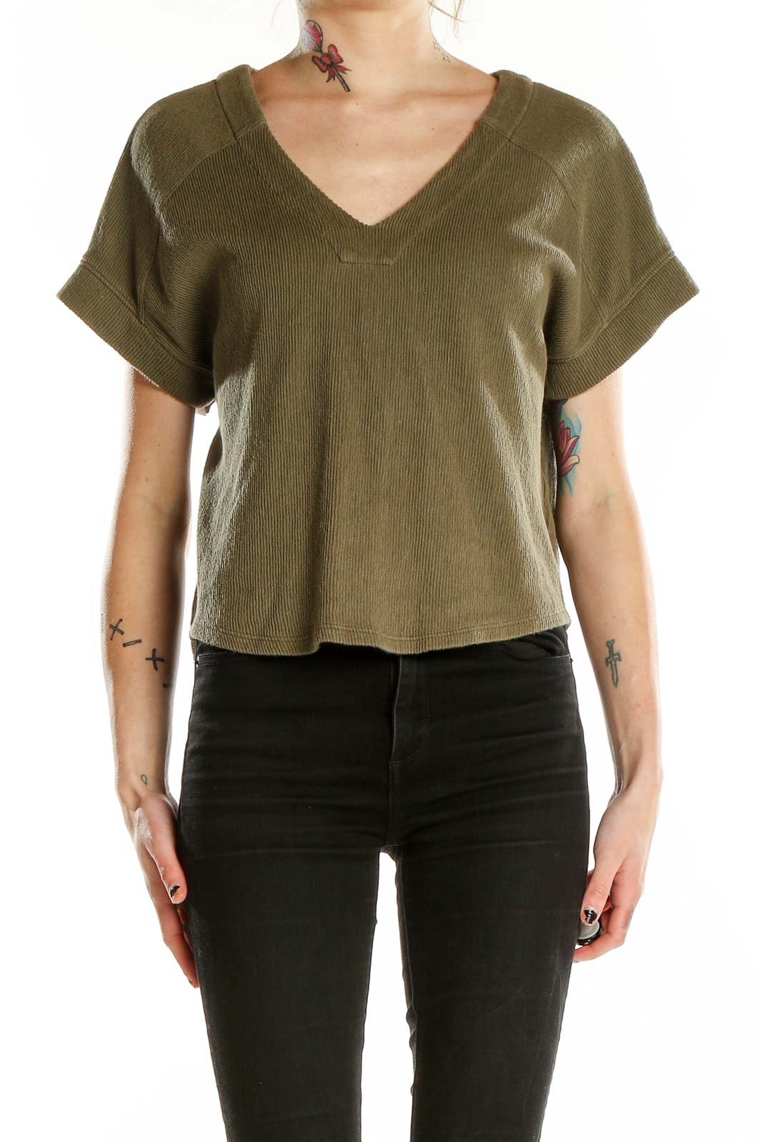 Green V Neck Shorts Sleeve Top Front