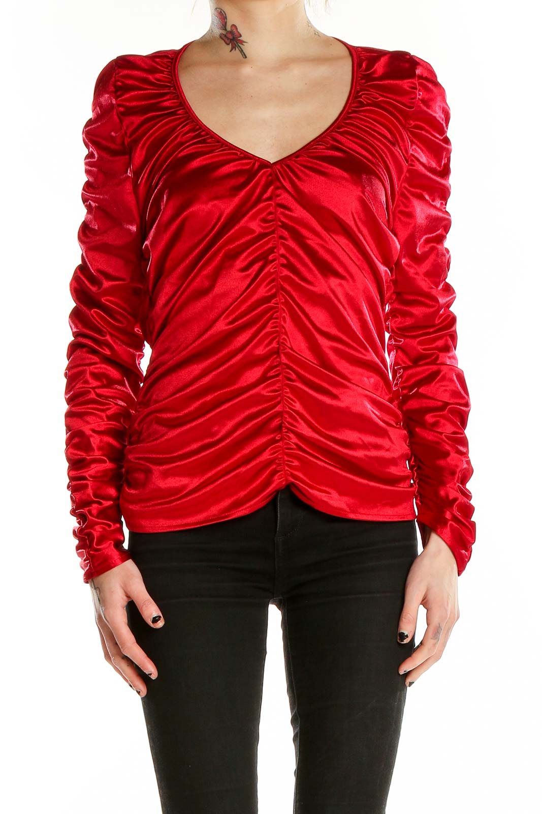 Red V Neck Long Sleeve Ruched Top Front