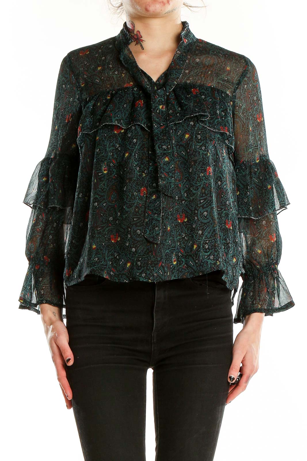 Green Printed Ruffle Blouse Front