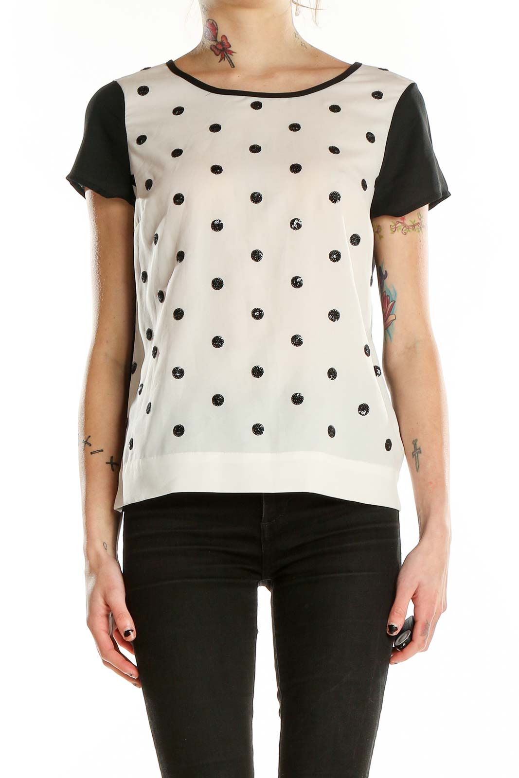 White Black Sequin Polka Dots Top Front
