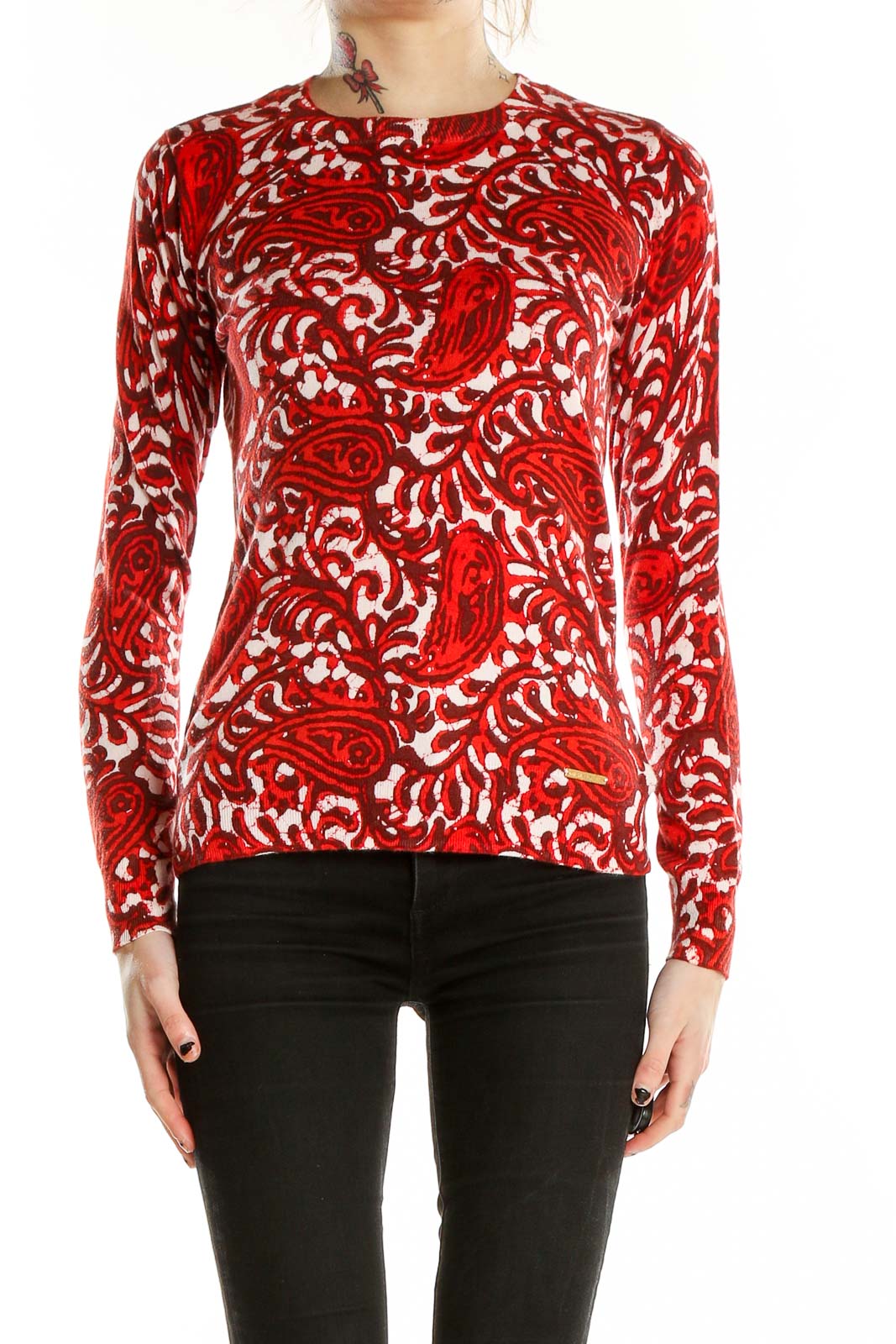 Red Long Sleeve Printed Knit Top Front