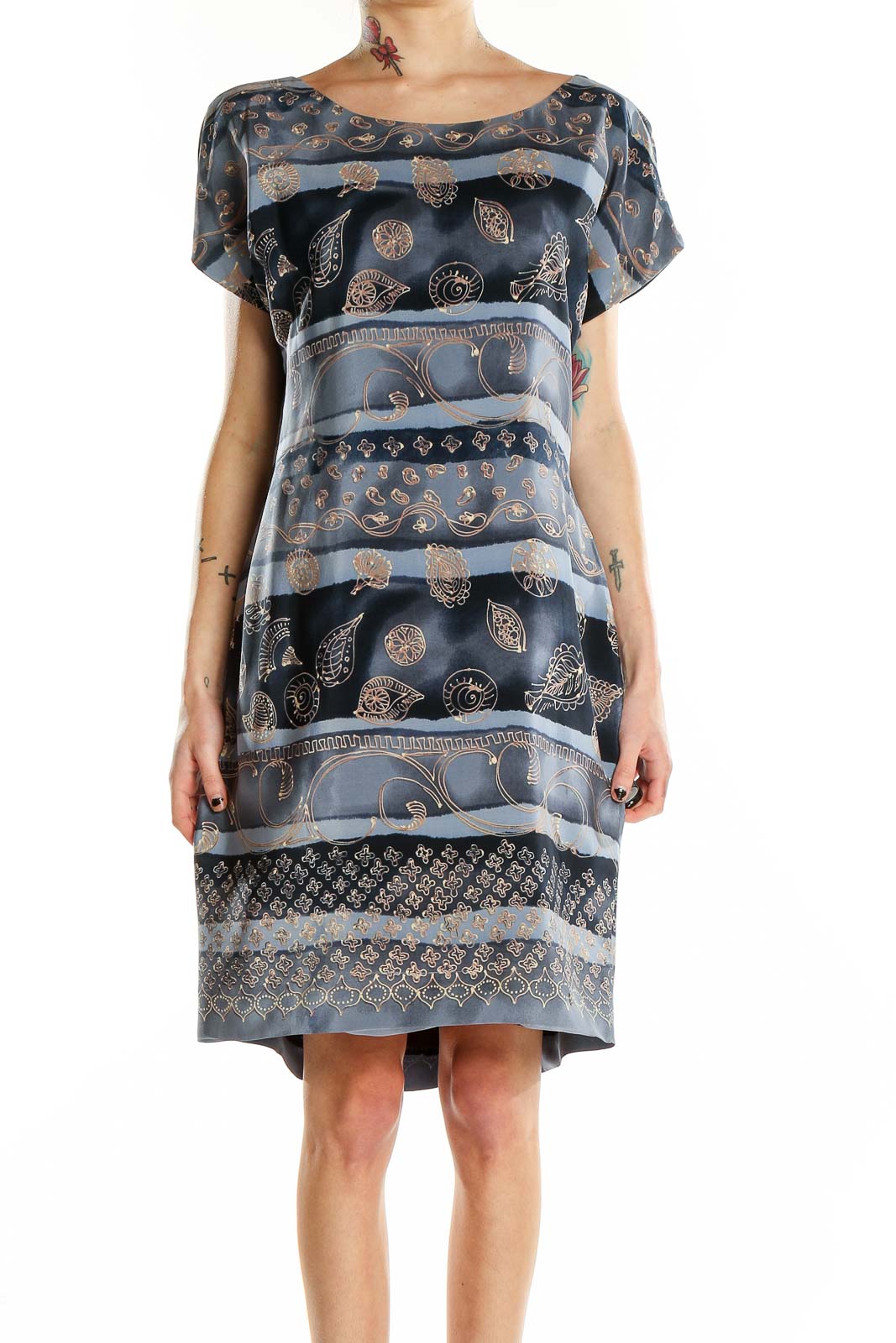 Grey Blue Silk Bohemian Print Dress Front