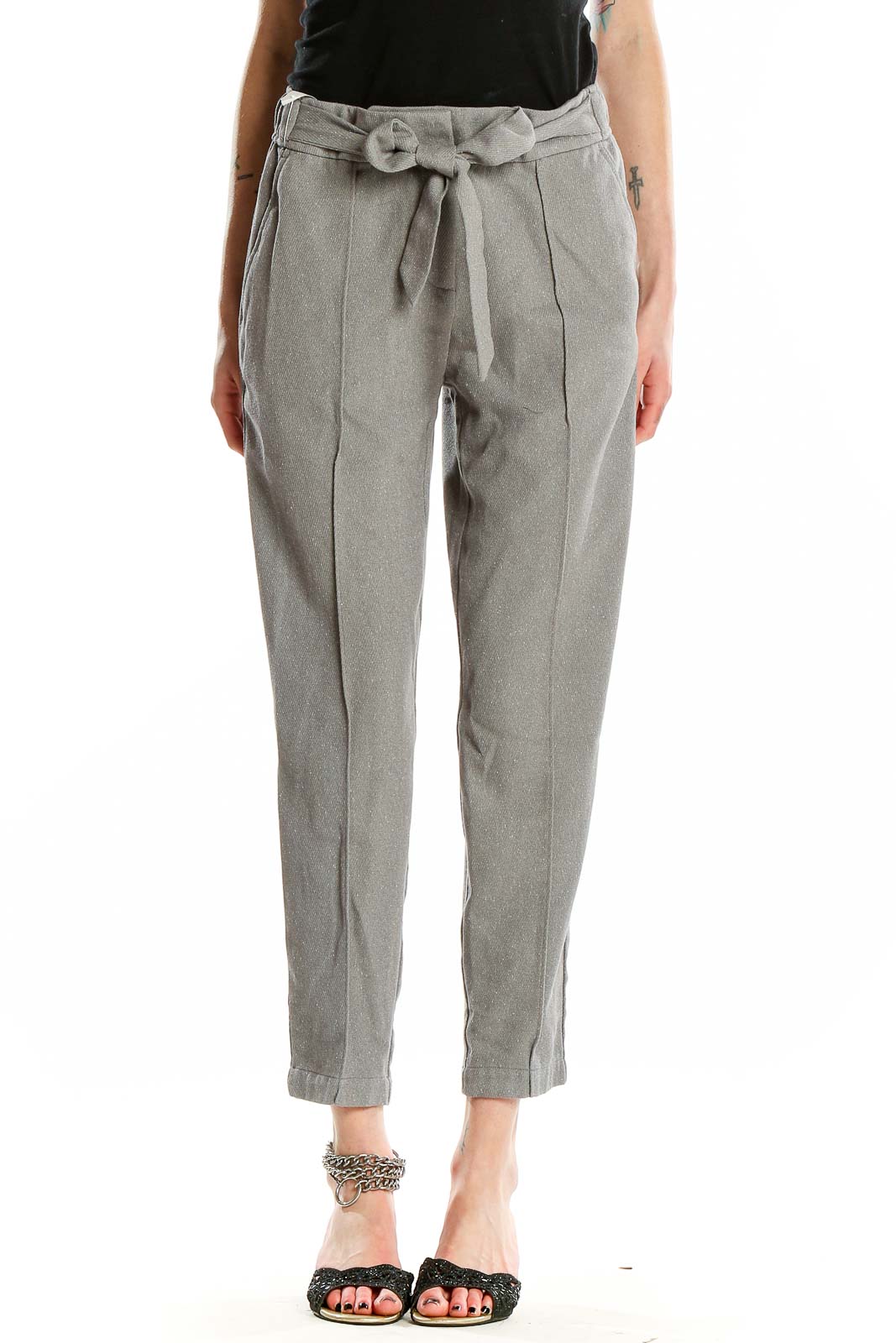 Grey Waist Tie Tapered Pants Front