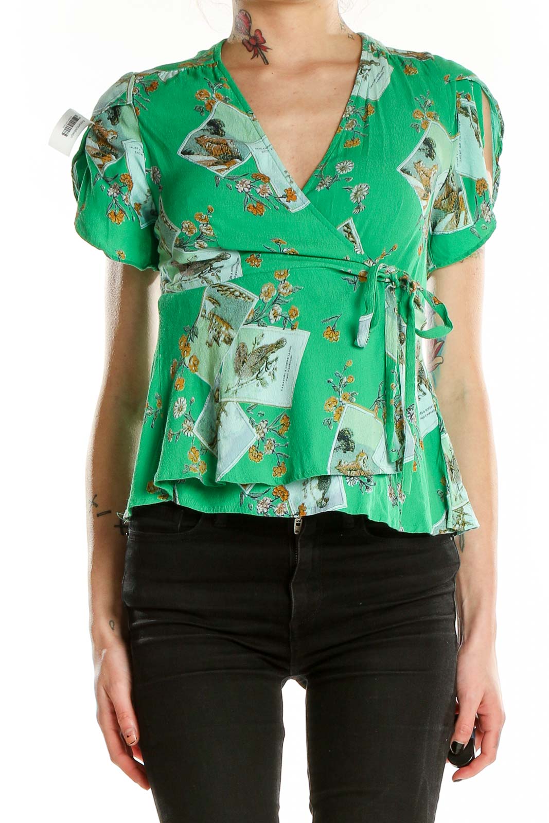 Green Shorts Sleeve Printed Wrap Top Front