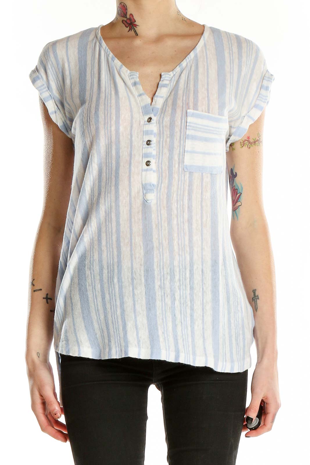 White Blue Shorts Sleeve Striped Linen Top Front