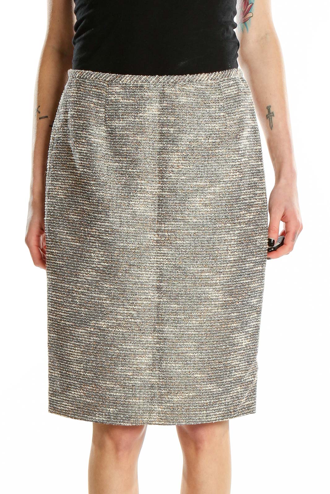 Gray Metallic Tweed Pencil Skirt Front