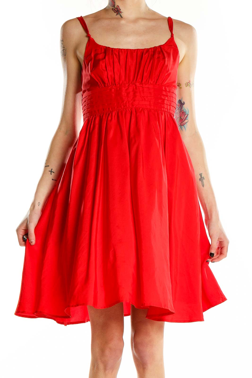 Red Silk Flare Dress Front