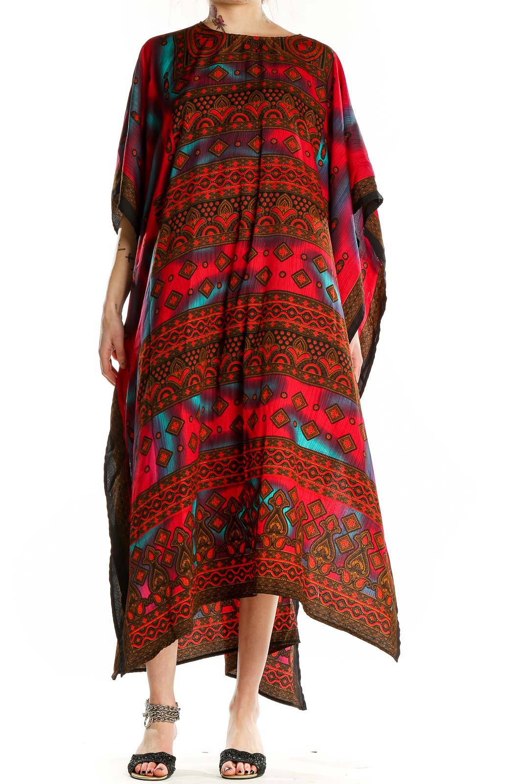 Red Brown Aztec Print Dress Front