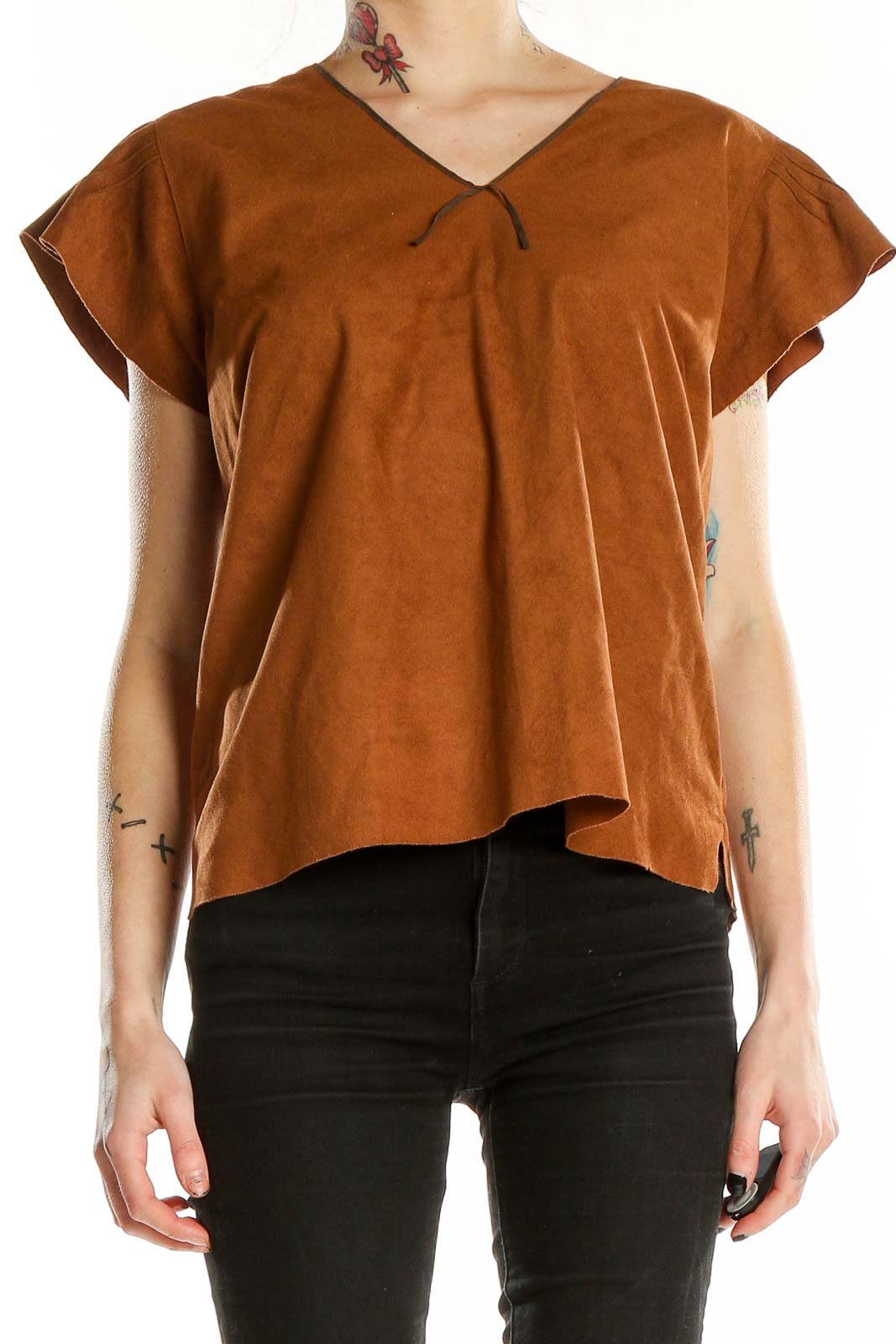 Brown V Neck Shorts Sleeve Faux Leather Top Front