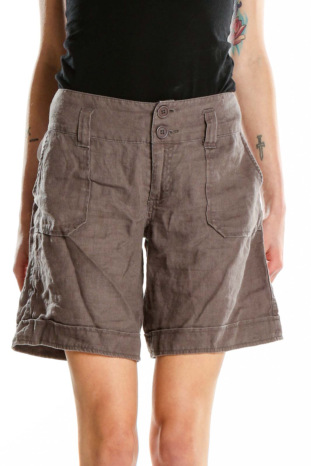 Brown Linen Cargos Shorts Front