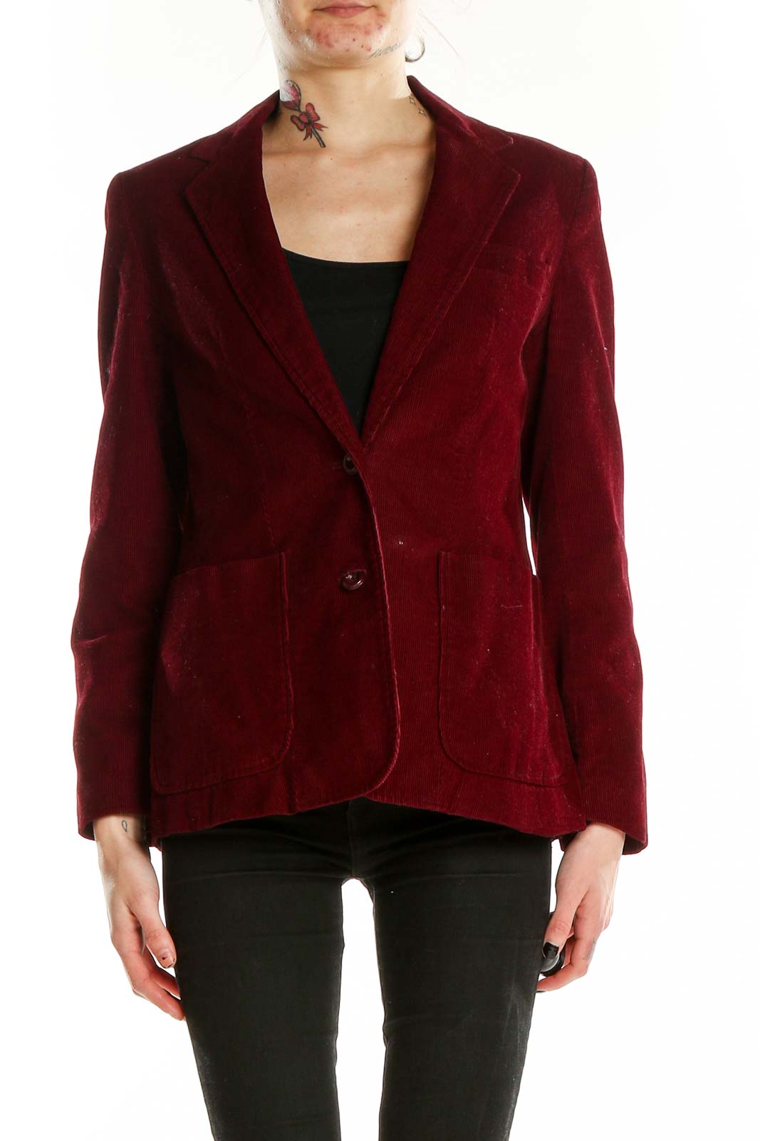 Red Single Breasted Corduroy Blazer Front