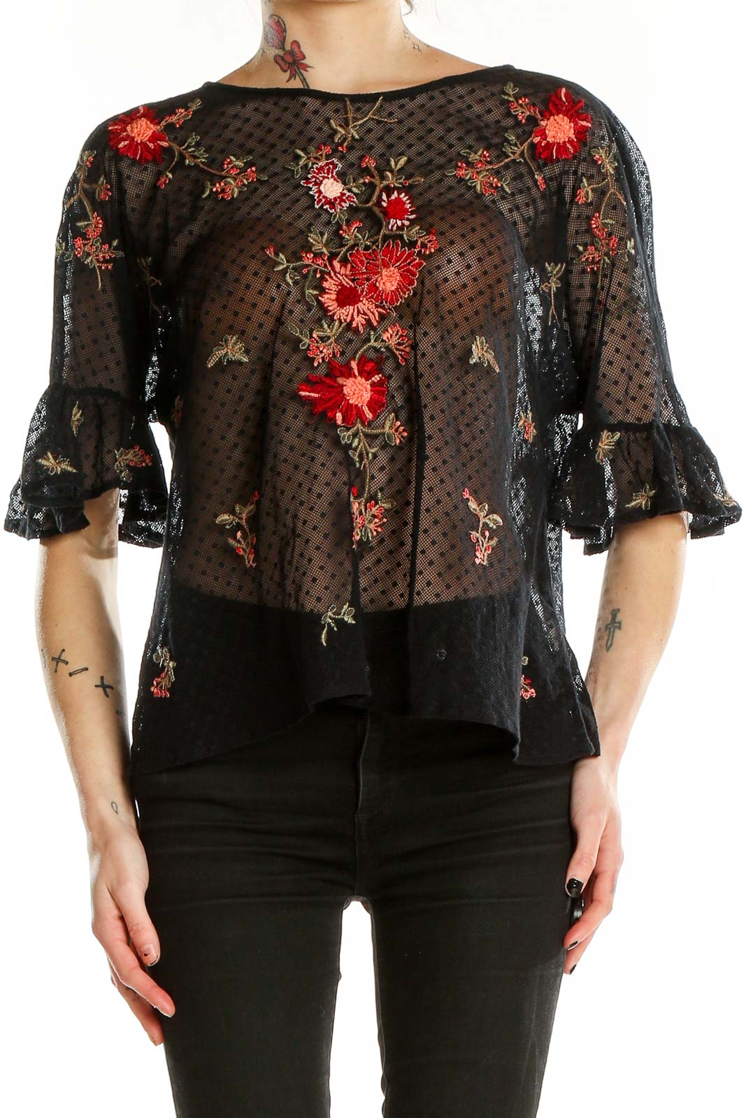Black Semi-Sheer Floral Lace Top Front