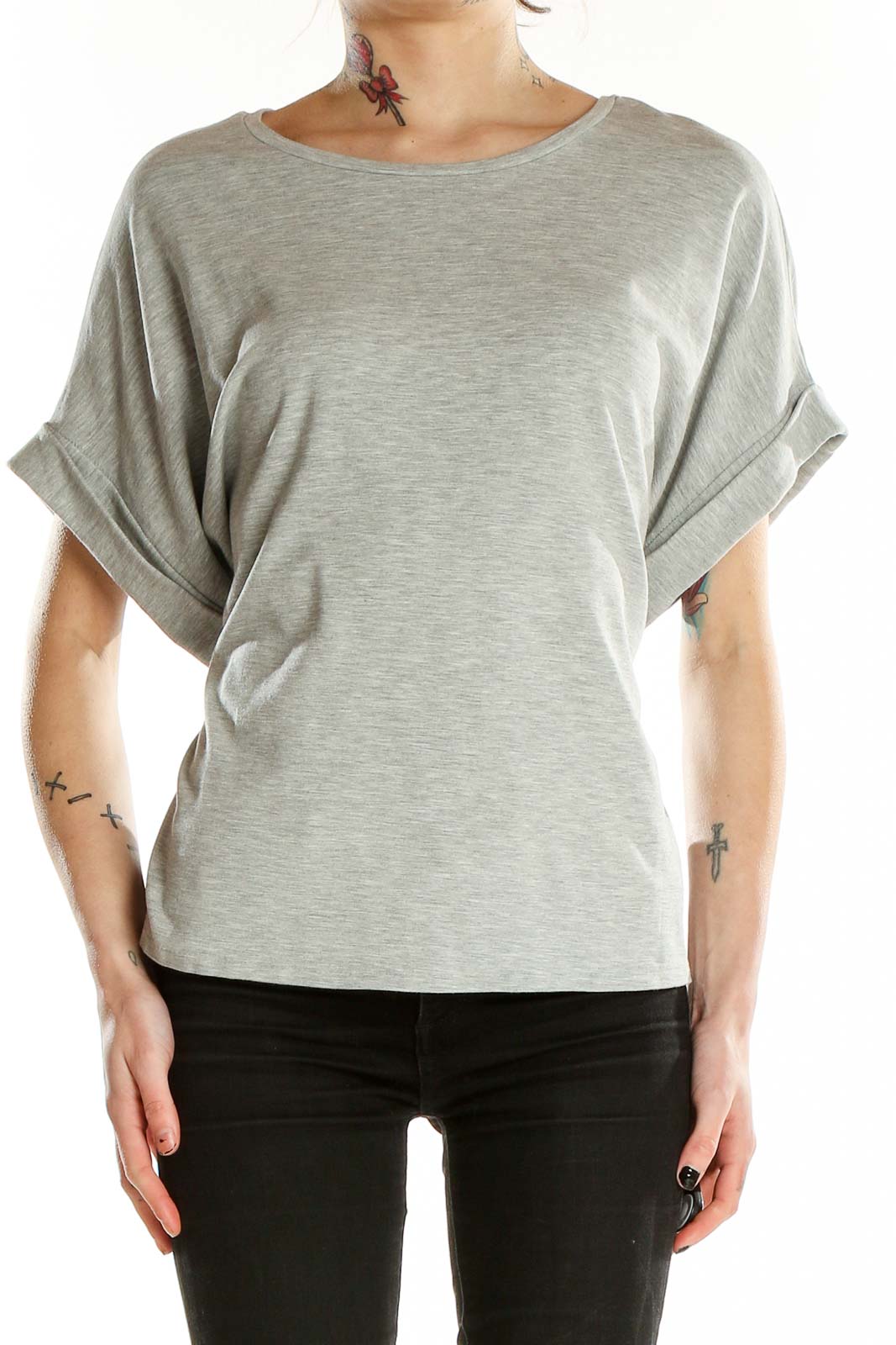 Gray Shorts Sleeve Tie Back T-Shirt Front