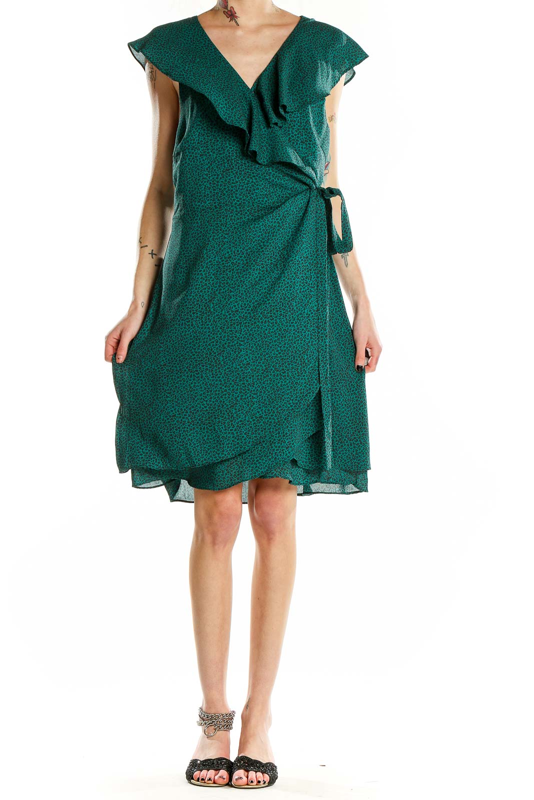 Green Printed Wrap Dress Front