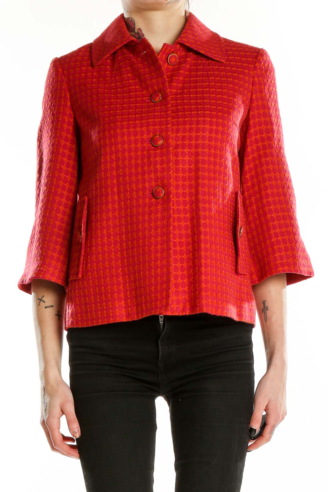 Red  Collared 3-4th Sleeve Jacket Front