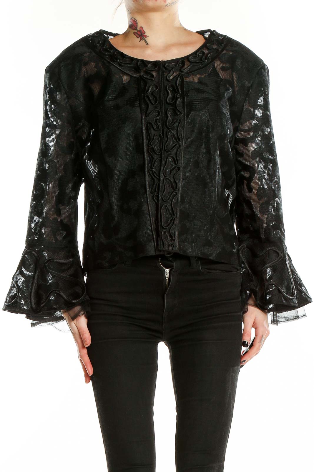 Black Embroidered Mesh Cardigan Front