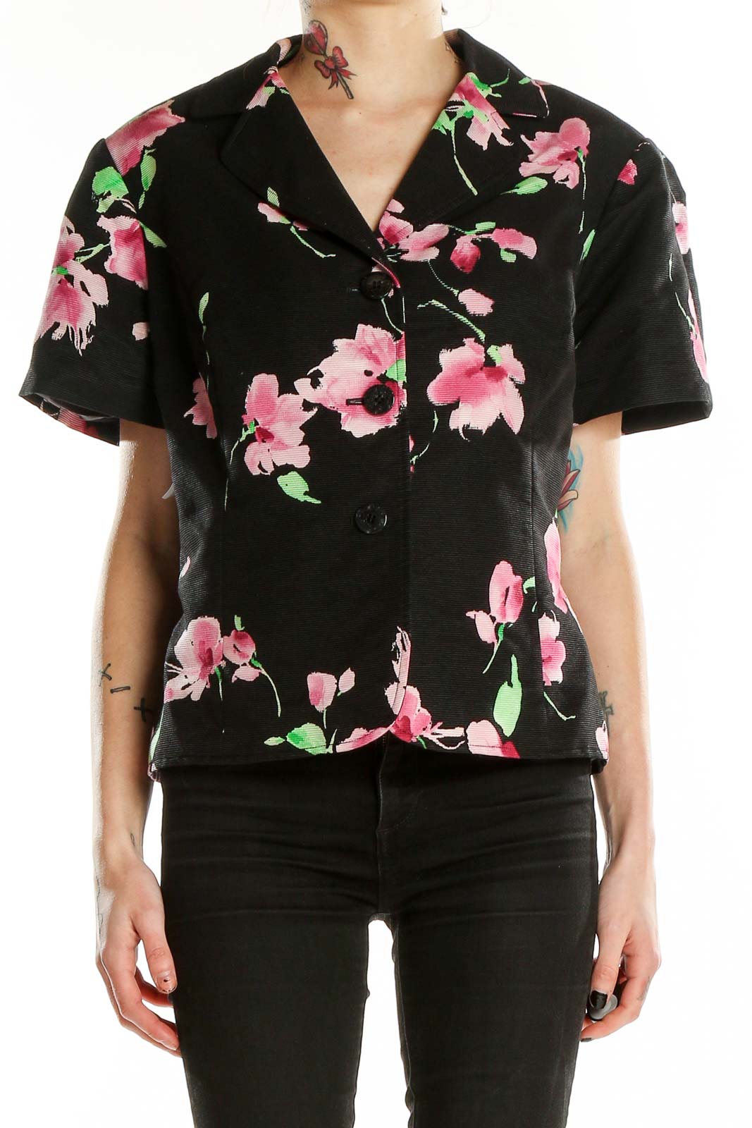 Black Pink Short Sleeve Floral Print Suit Jacket Front