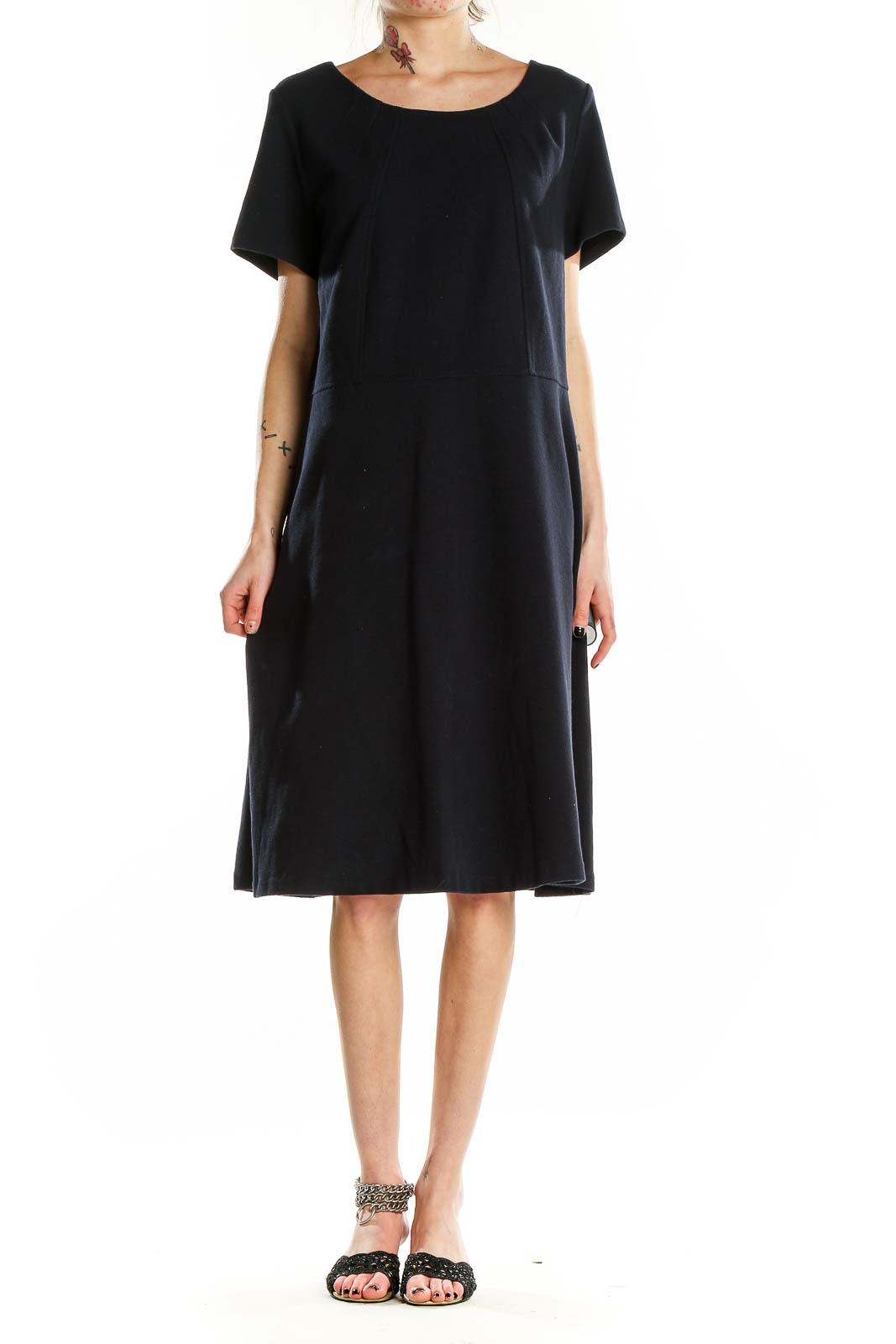 Black Knit Shorts Sleeve Dress Front