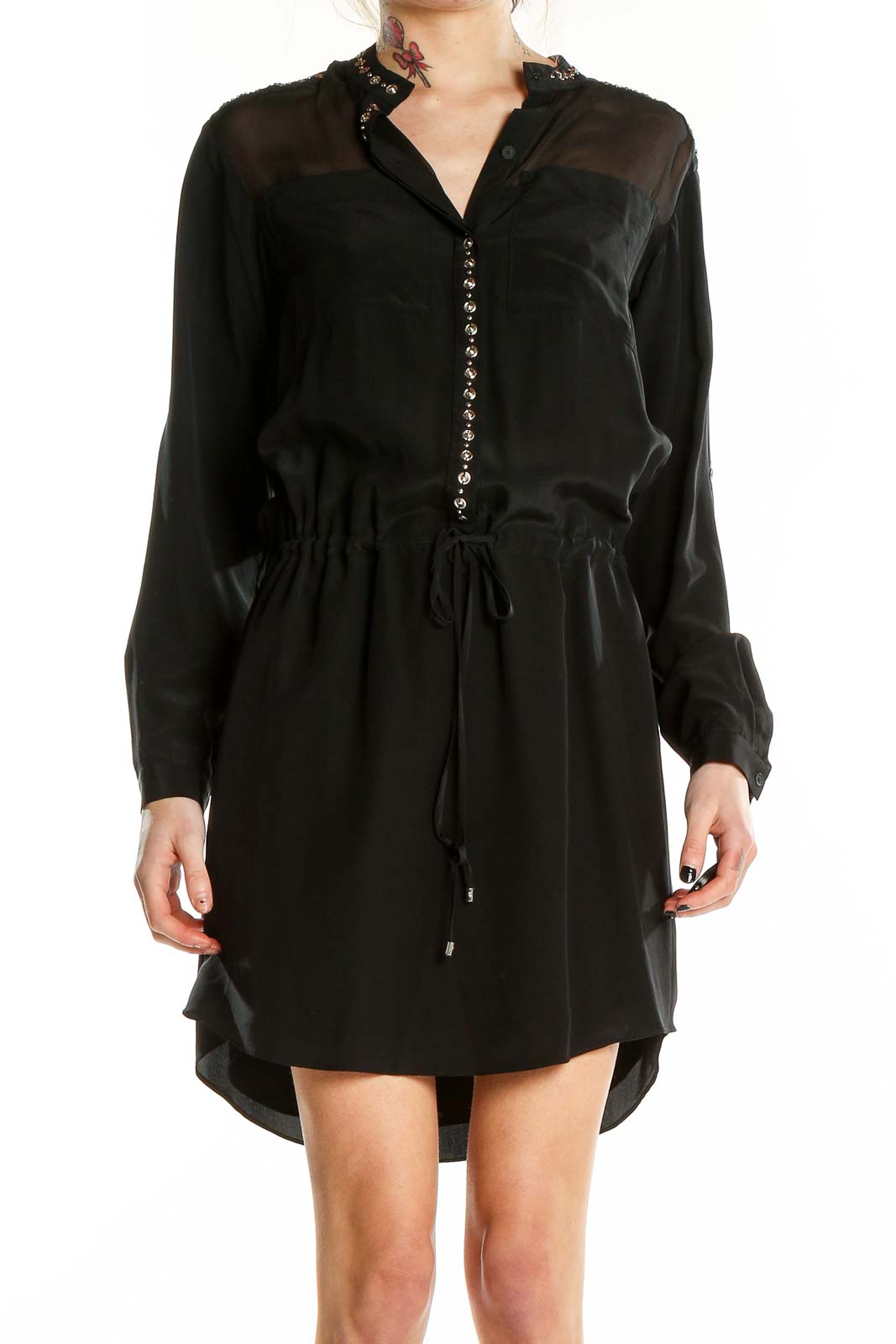 Black Silk Studded Shirt Dress Front