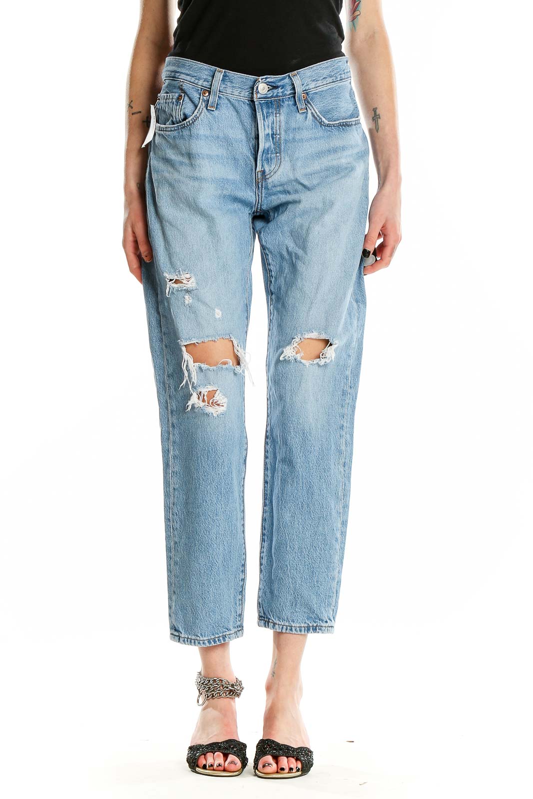 Blue Light Rinse Distressed Ripped Jeans Front