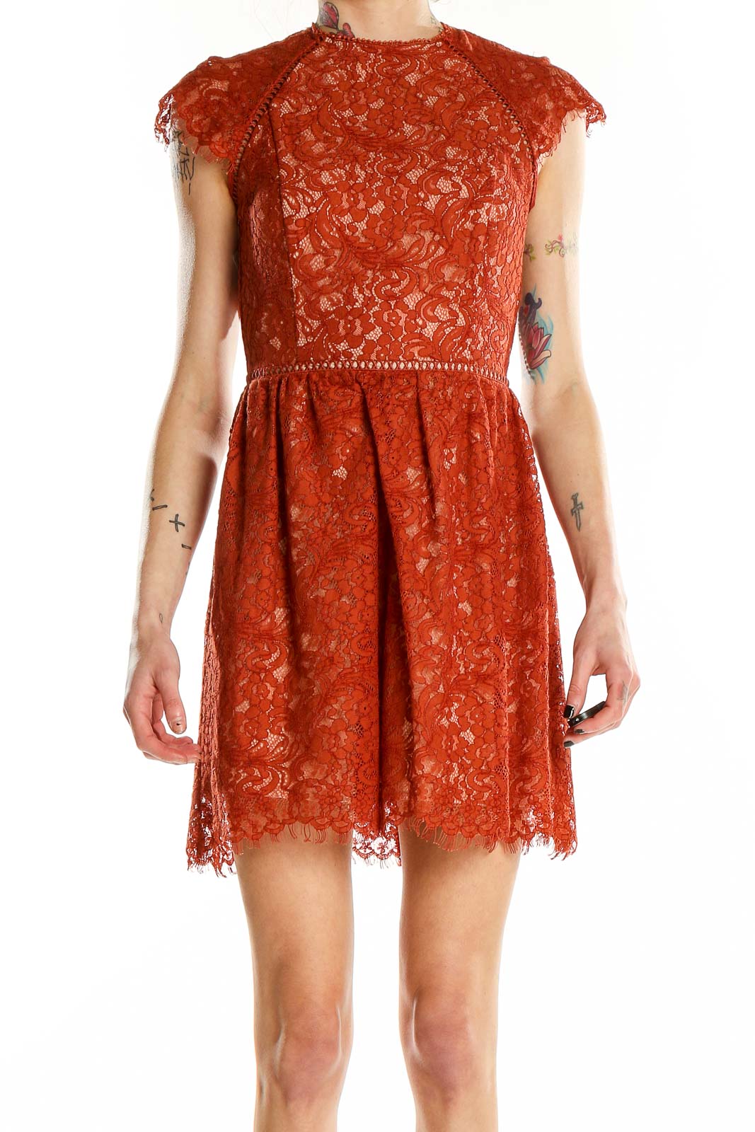 Red Lace Shorts Sleeve Dress Front