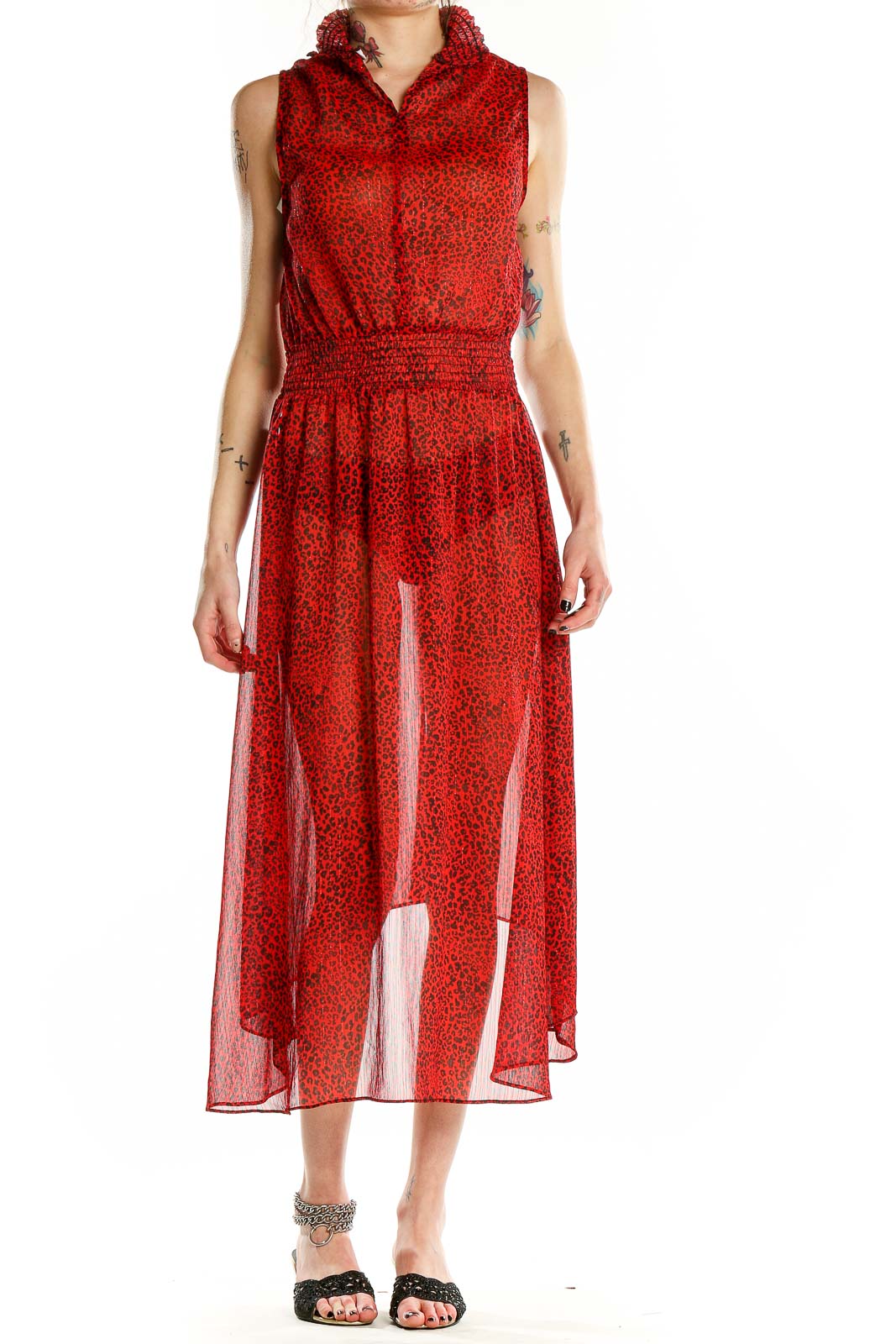 Red Animal Print Semi-Sheer Dress Front