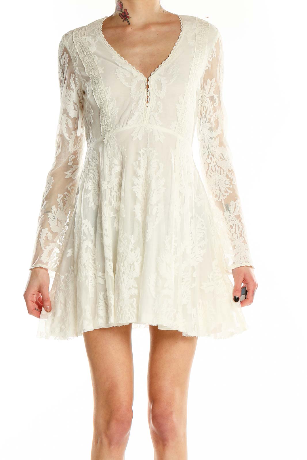 White Lace Long Sleeve Bohemian Dress Front