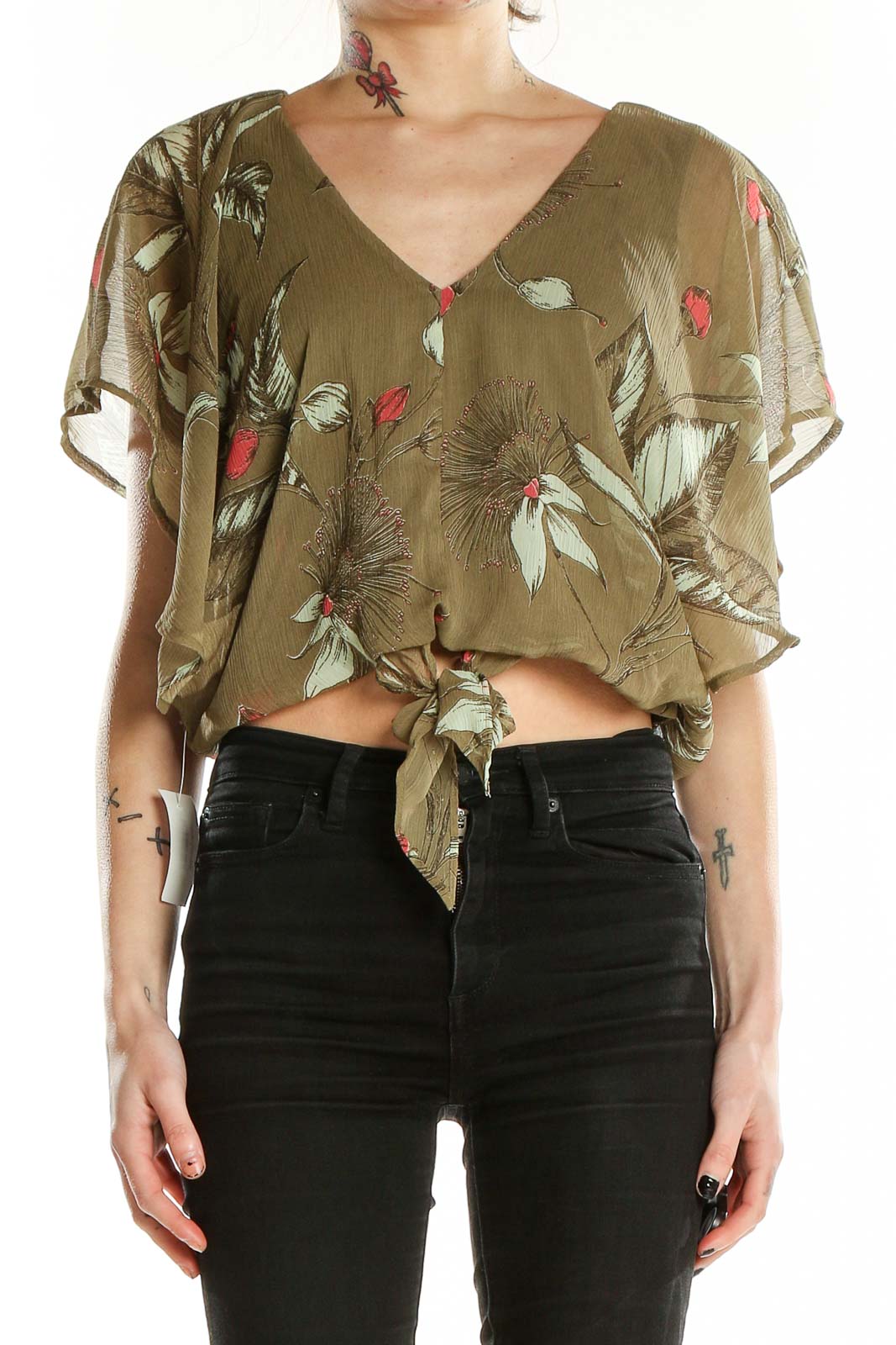 Green Cropped Floral Print Blouse Front