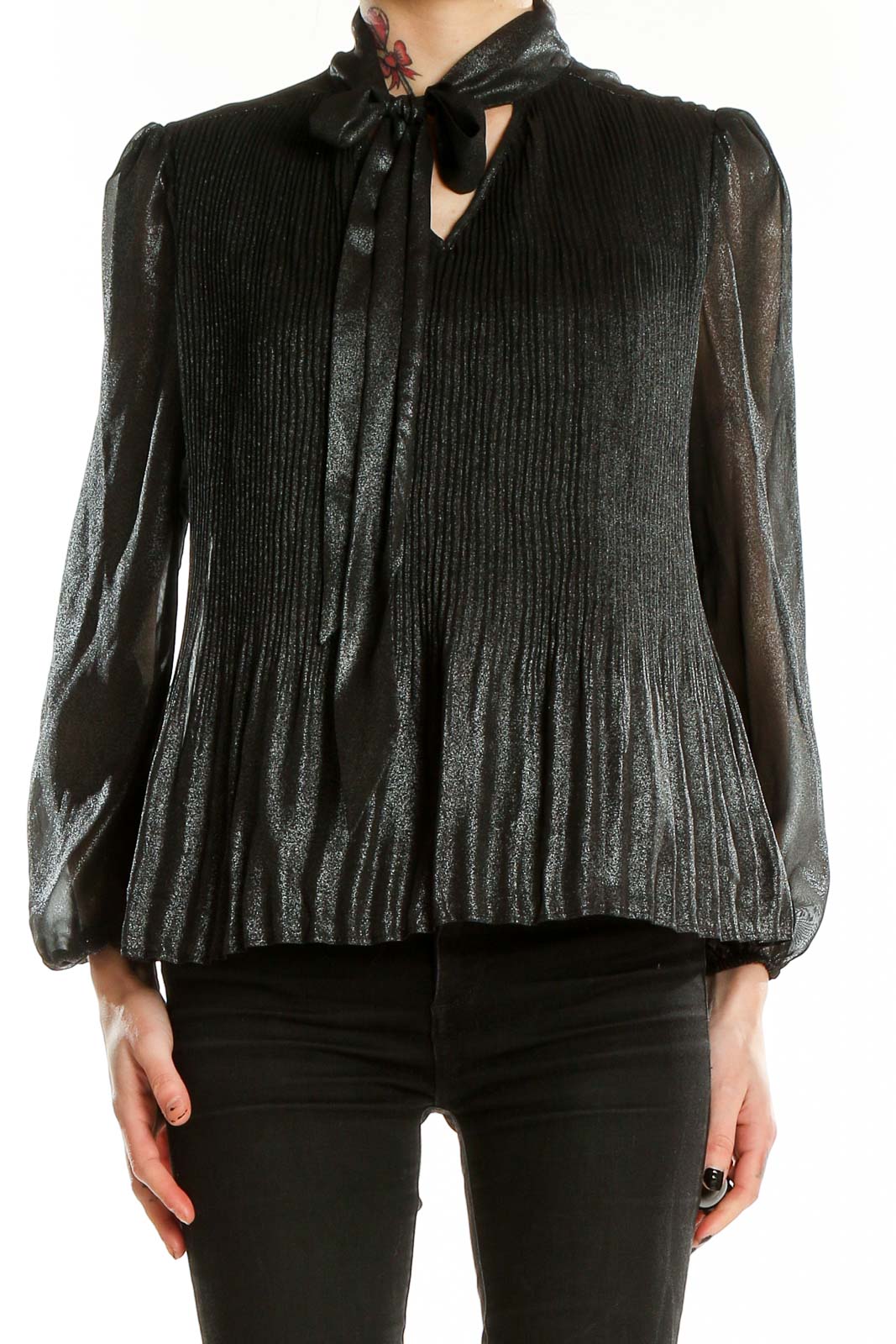 Black Pleated Shimmer Long Sleeve Blouse Front