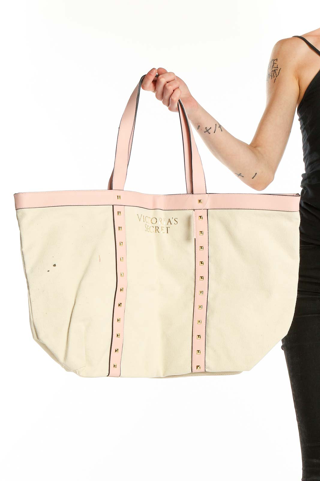 Cream Pink Canvas Tote Bag Front