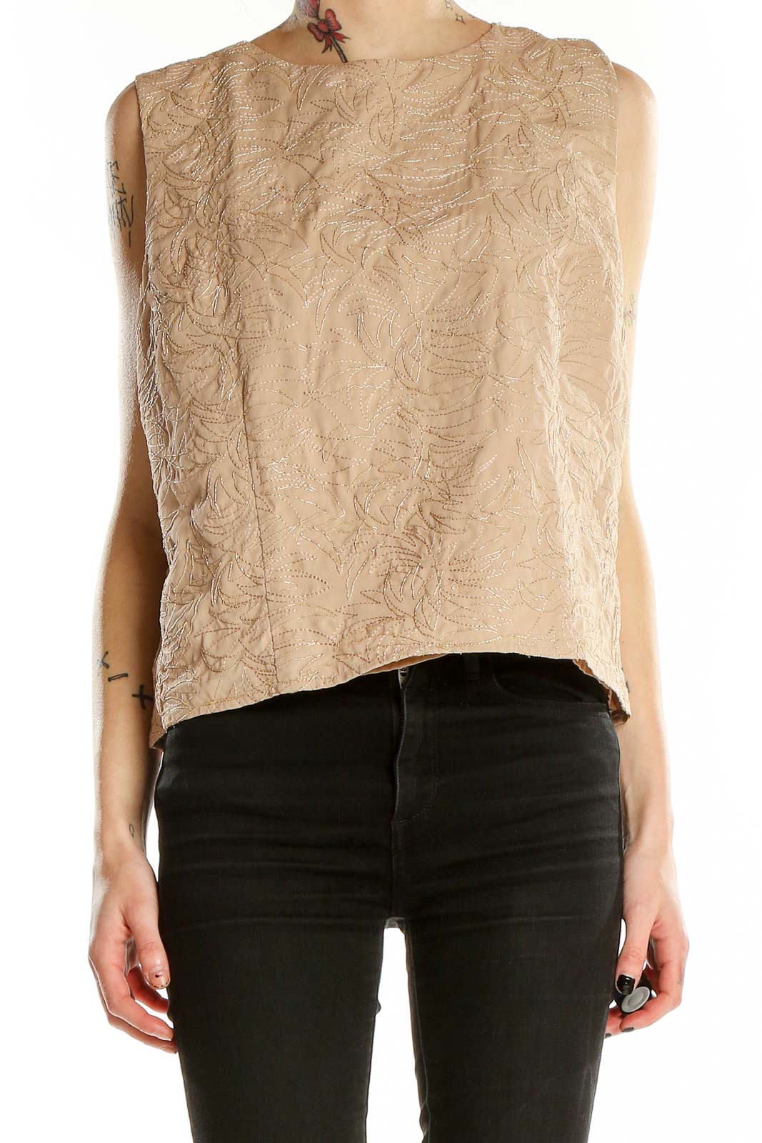 Beige Embroidered Sleeveless Top Front